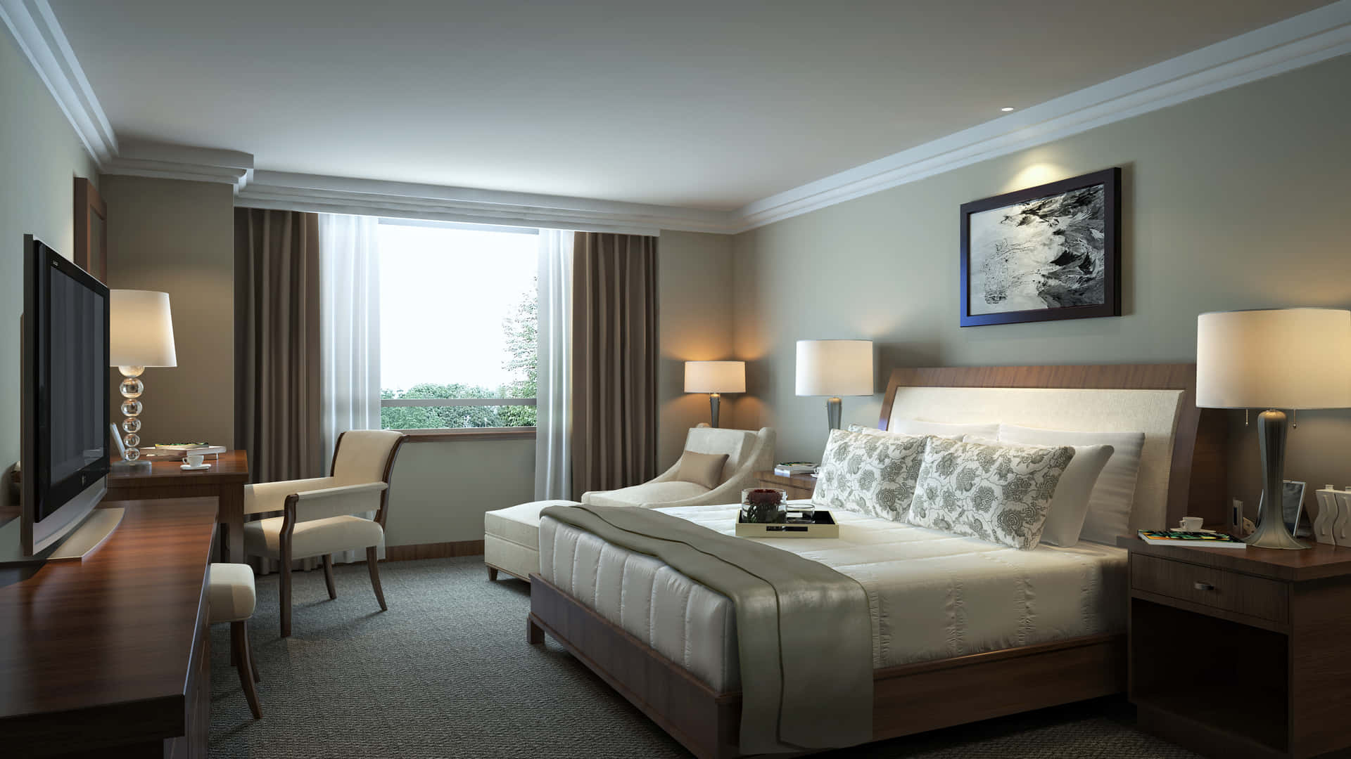 Bedroom 桌布 壁紙 — 豪華酒店客房，配有一張大床、圖案枕頭、床頭櫃、燈具，以及一扇可看到外面綠意的窗戶。
