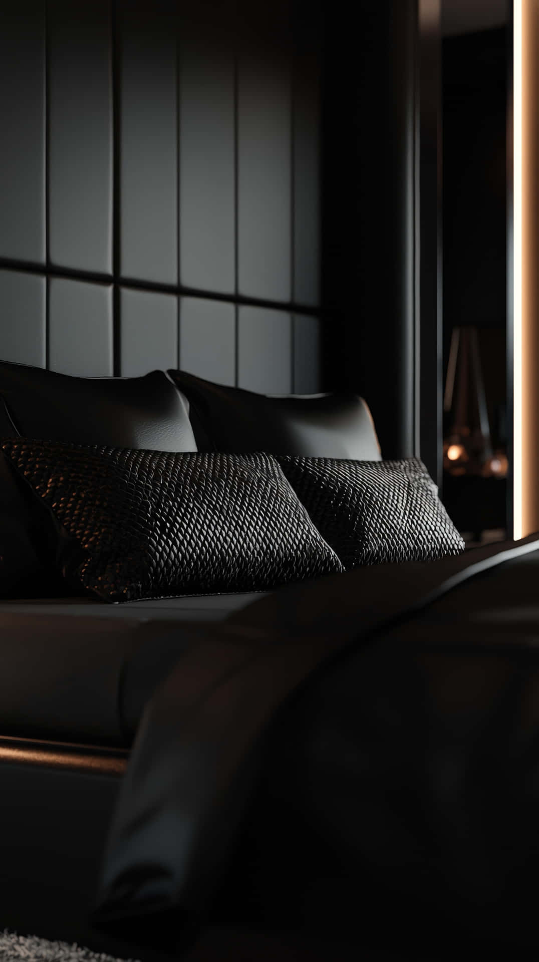 A sleek and modern black bedroom featuring elegant leather pillows, a stylish bed, and soft ambient 壁紙 — 豪華黑色臥室，時尚床鋪配以質感枕頭，靠著鑲板牆，由溫暖的環境照明照亮。