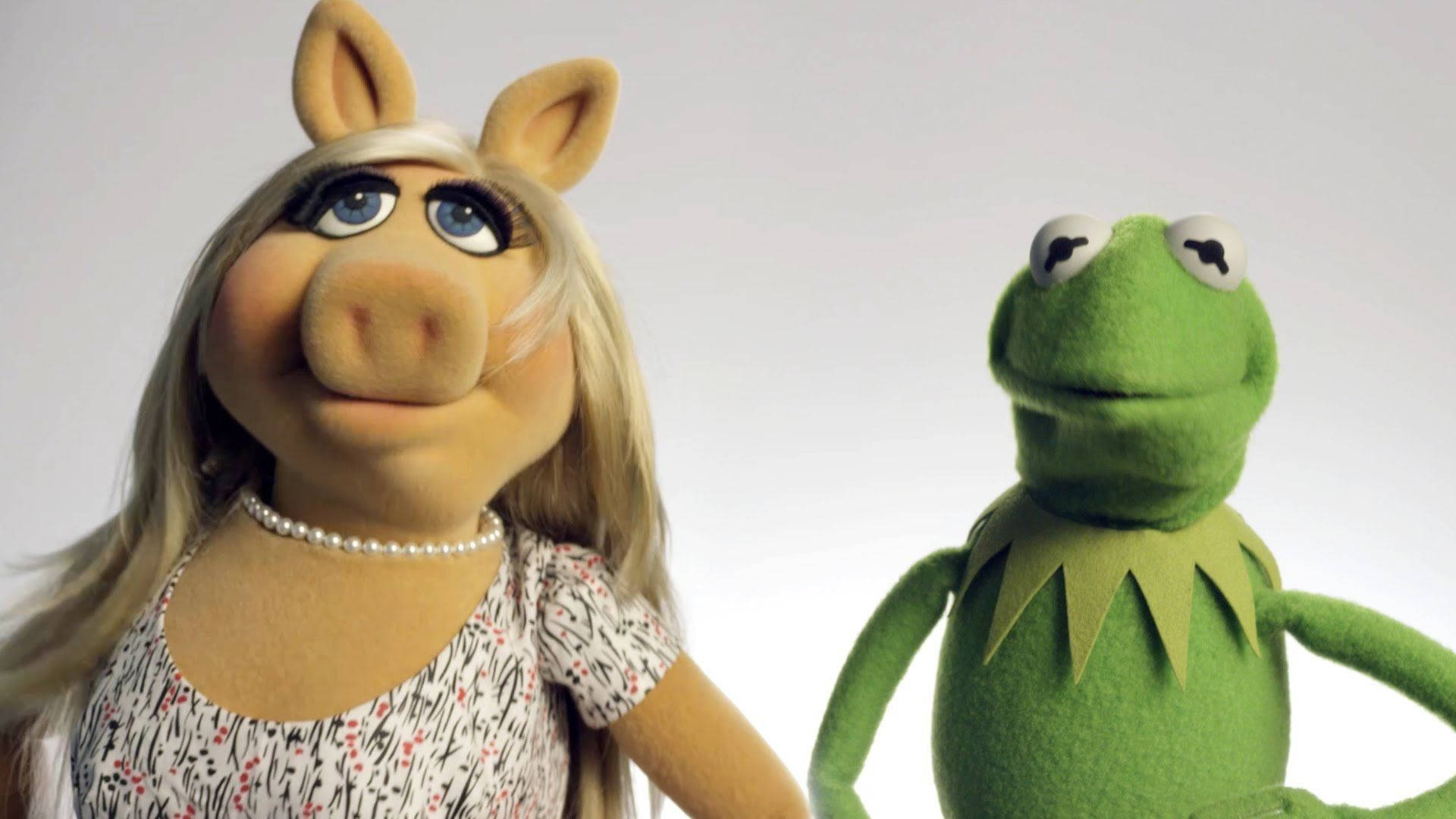 Miss Piggy 桌布 壁紙 — 豬小姐和青蛙柯密特在明亮的攝影棚燈光下，在純白背景前一起擺姿勢。