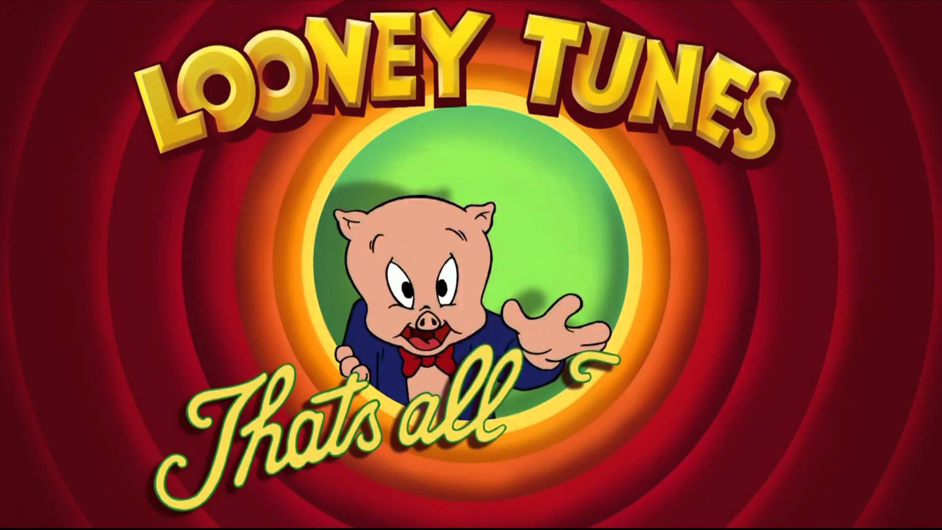 Cartoon 桌布 壁紙 — 豬小弟在旋轉的紅色隧道中，於Looney Tunes標誌下方愉快地揮手，下方寫有「That's all」。