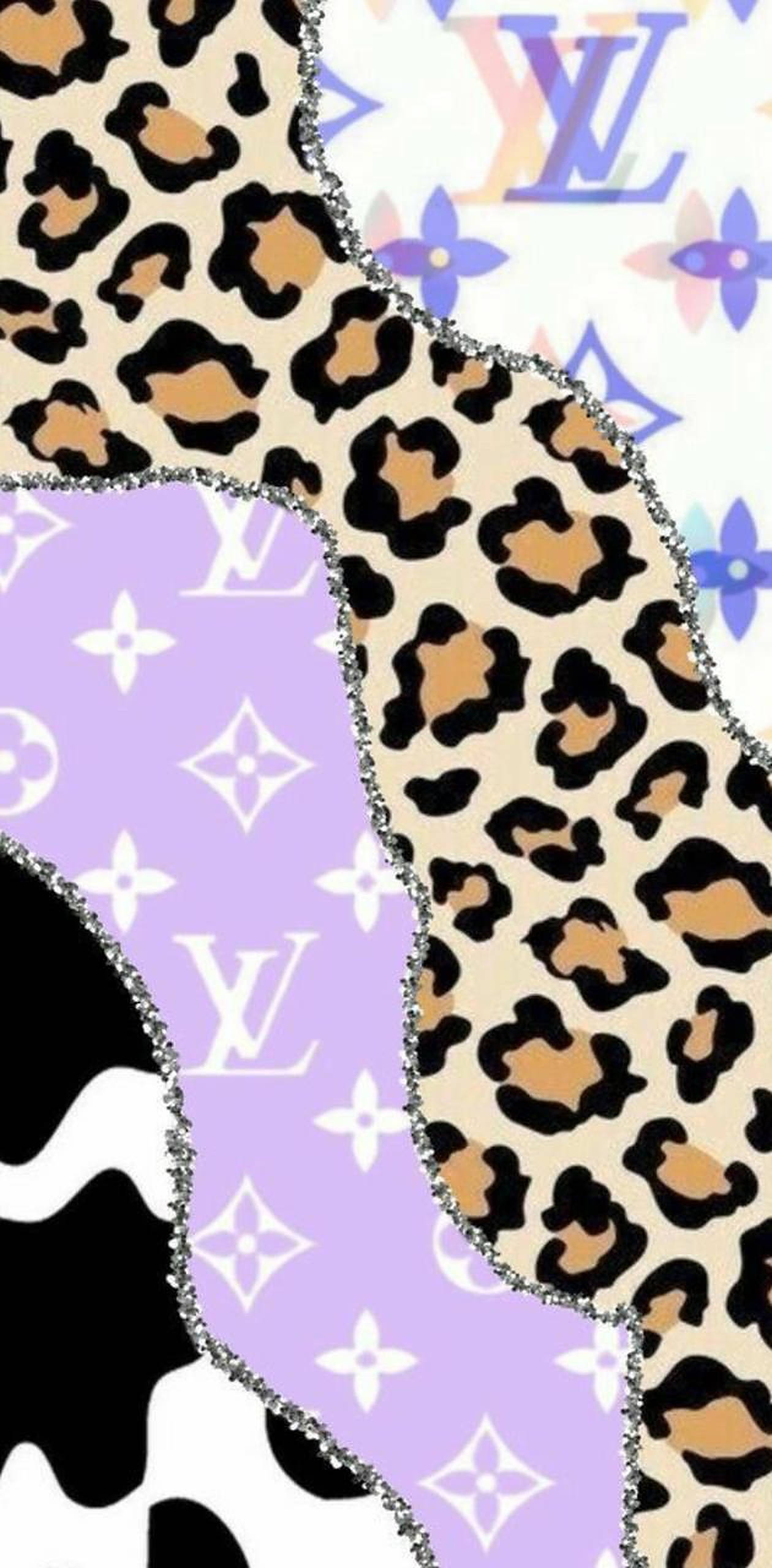 乳牛紋 桌布 壁紙 — 豹紋、Louis Vuitton 字母圖案和乳牛紋的鮮豔拼貼，帶有閃亮銀色邊框。