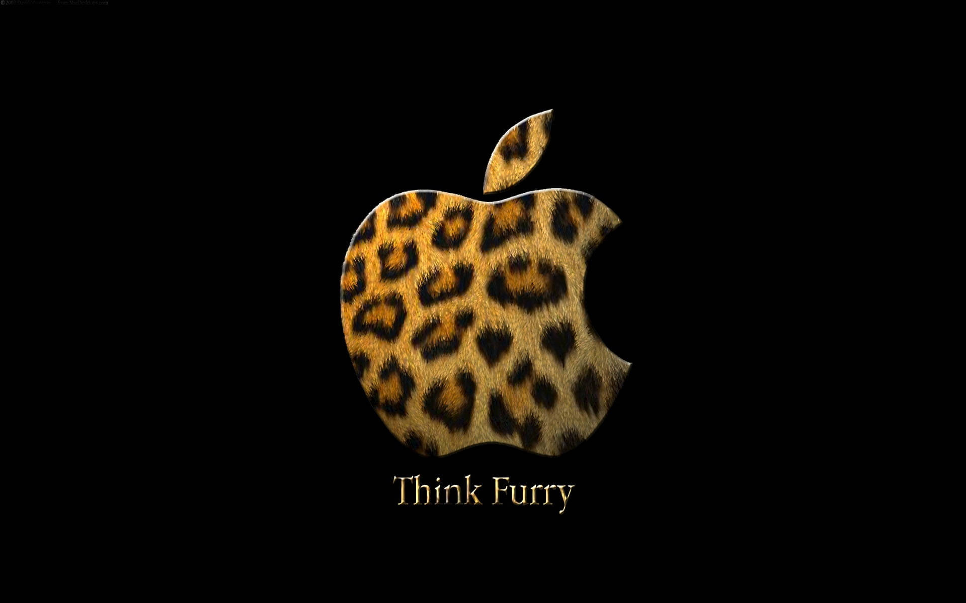 Print 桌布 壁紙 — 豹紋Apple標誌在黑色背景上發光，下方有Think Furry文字。