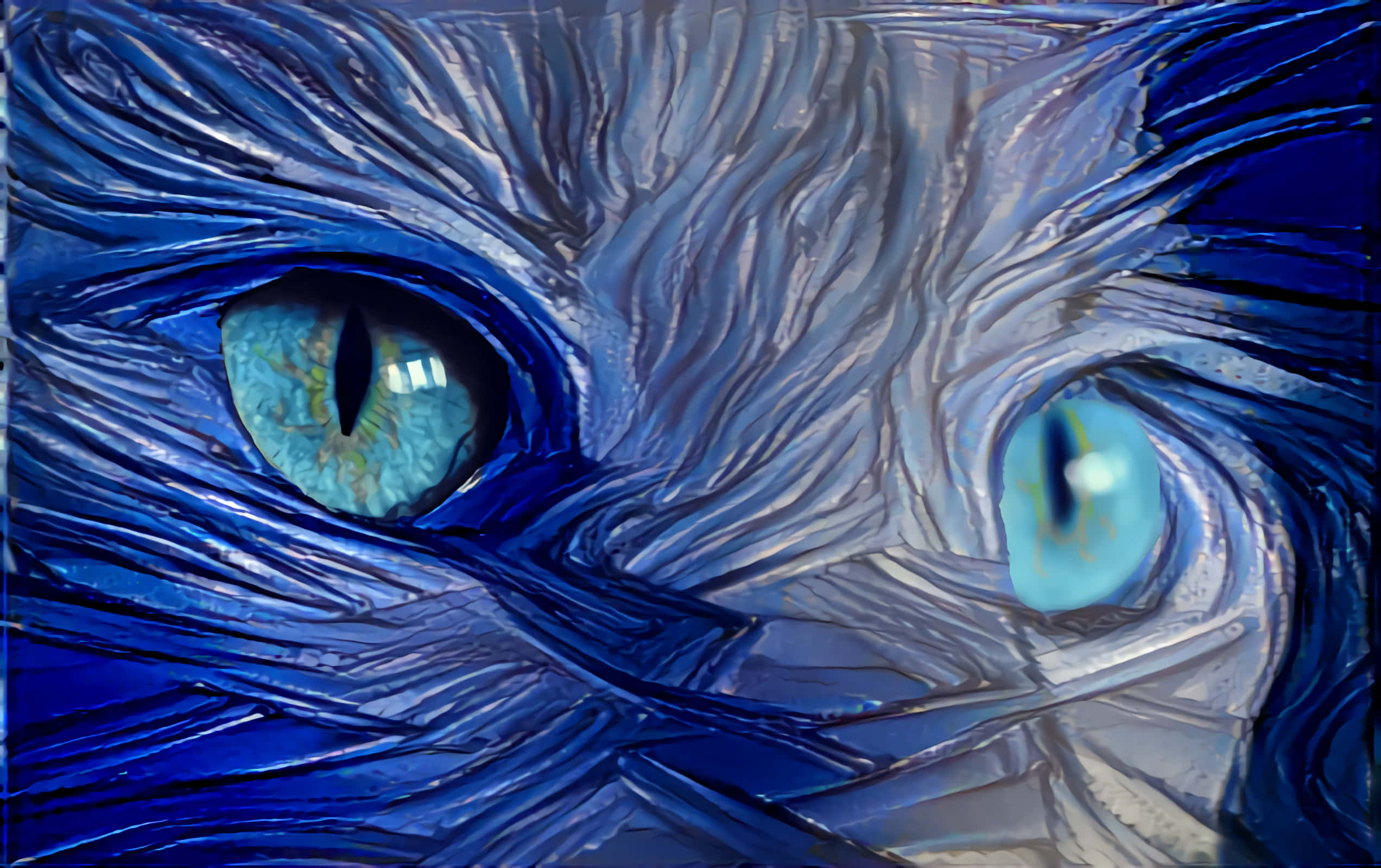 Cat Eyes 桌布 壁紙 — 貓咪強烈藍色眼睛的特寫數位藝術肖像，周圍環繞著帶有紋理的藍色和銀色毛髮。
