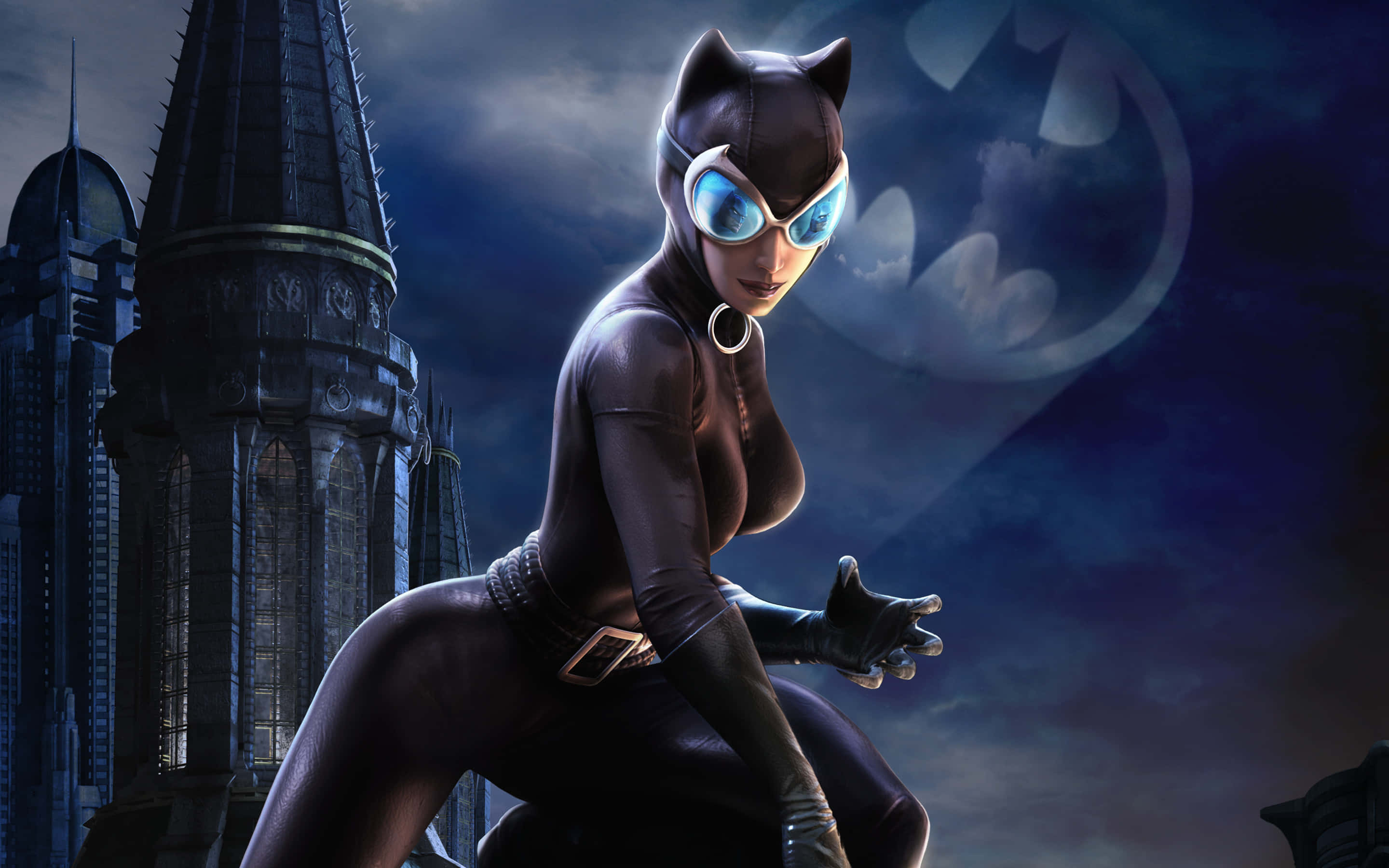 Bat Signal 桌布 壁紙 — 貓女在哥德式城市景觀前蹲伏，身後是暴風雨夜空中閃爍的蝙蝠俠標誌。