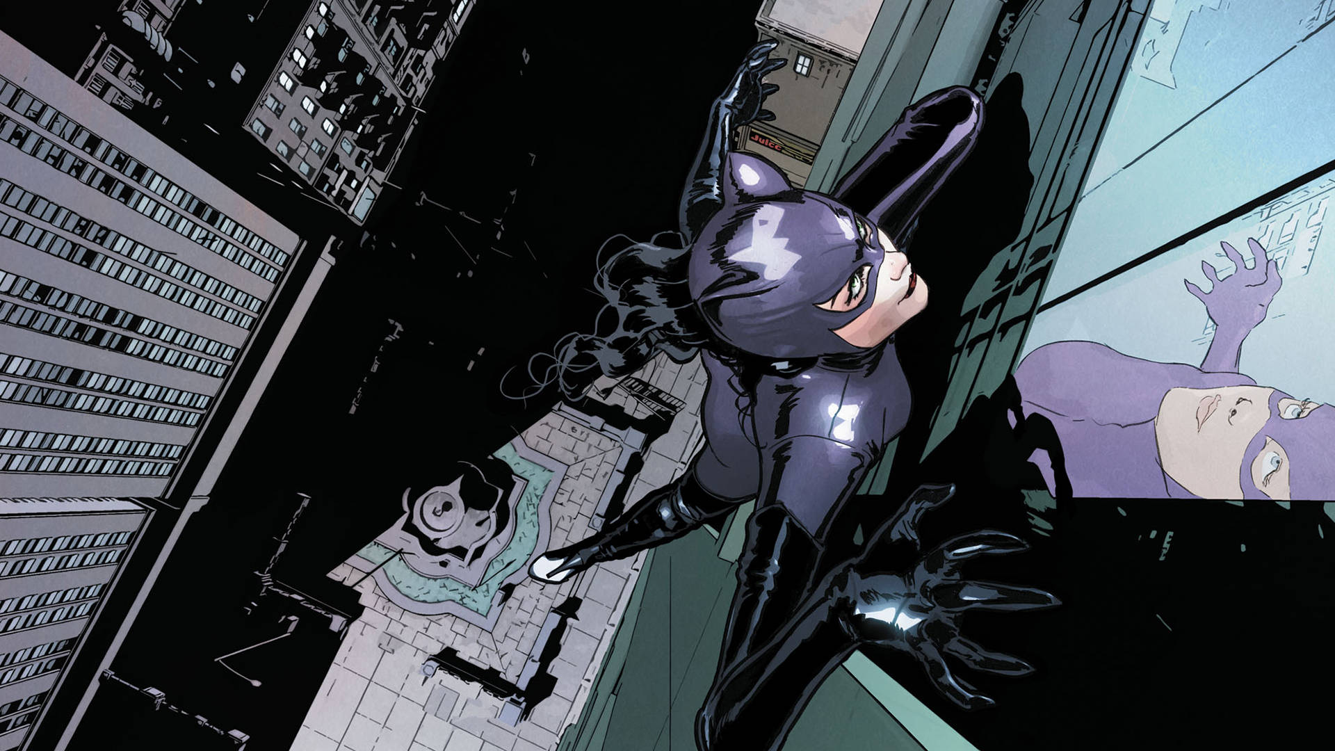 Catwoman 桌布 壁紙 — 貓女在夜間跳過黑色電影風格的城市景觀，呈現動態漫畫插圖。