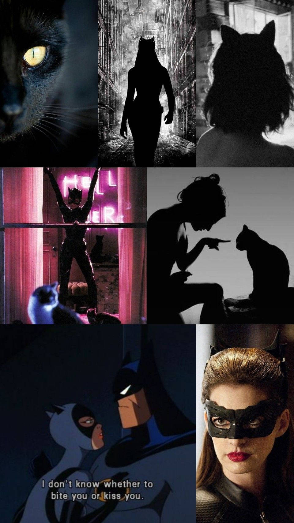 Catwoman 桌布 壁紙 — 貓女場景的拼貼畫，包括發光的眼睛、剪影、都市姿勢和戲劇性的角色互動。