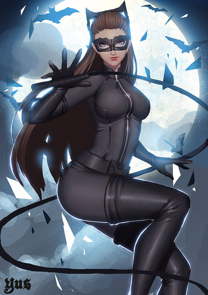 Catwoman 桌布 壁紙 — 貓女穿著時尚黑色緊身衣，在破碎月亮和飛翔蝙蝠的背景前動感擺姿勢。