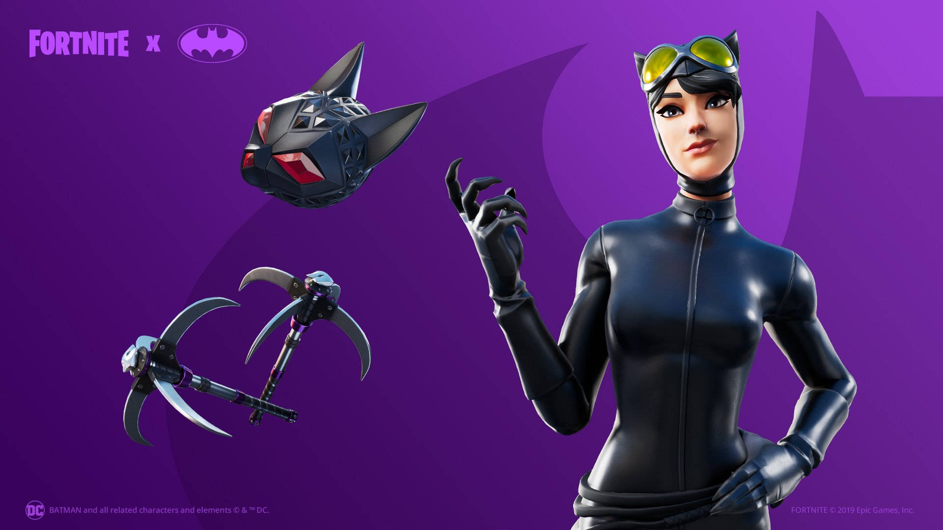 Fortnite 桌布 壁紙 — 貓女穿著黑色套裝，在充滿活力的紫色背景上漂浮在蝙蝠俠主題裝備旁邊。