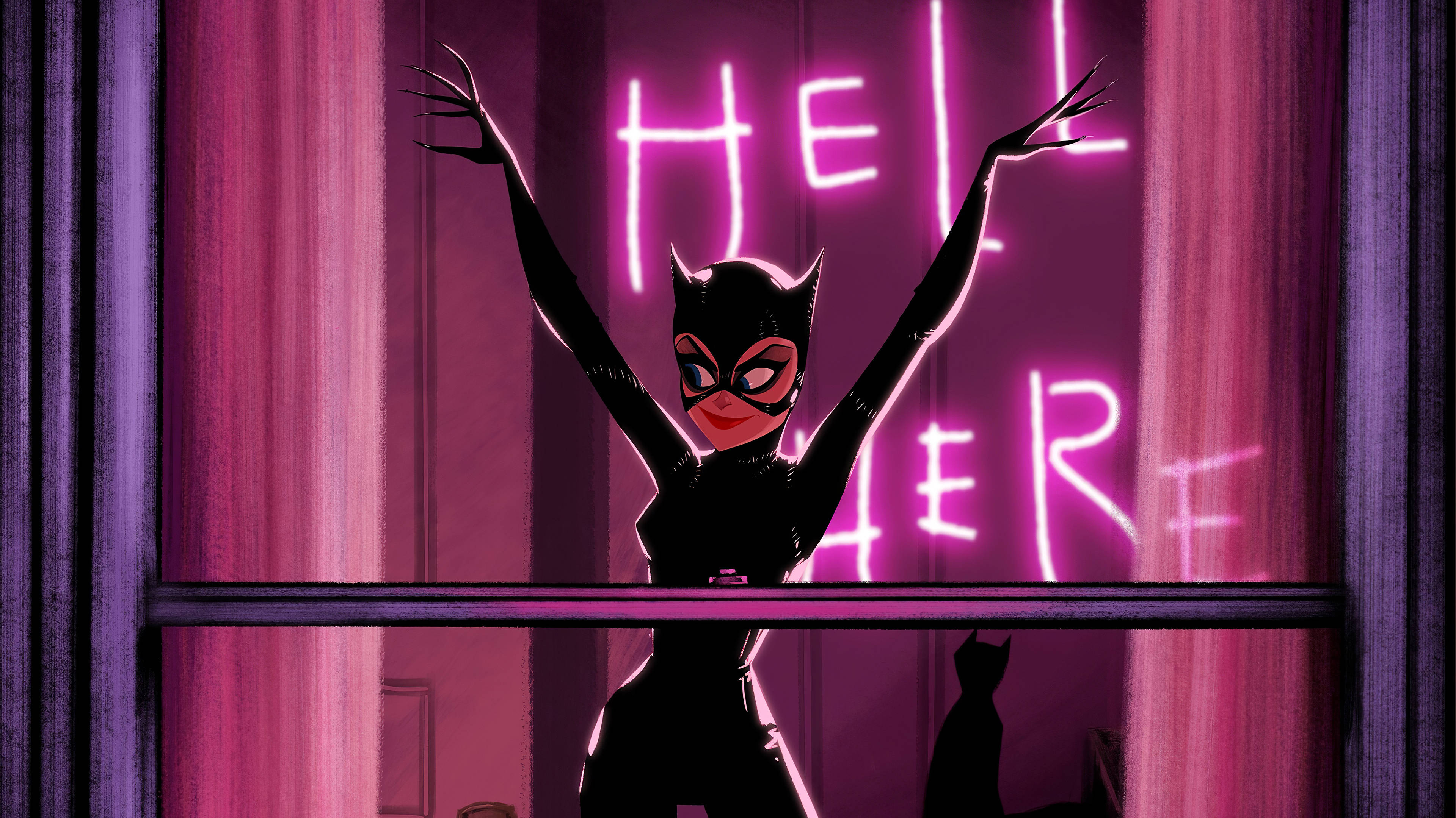 Catwoman 桌布 壁紙 — 貓女郎勝利地站在窗台上，高舉雙臂，身後是發光的粉紅色霓虹燈牌，上面寫著「HELL HERE」。
