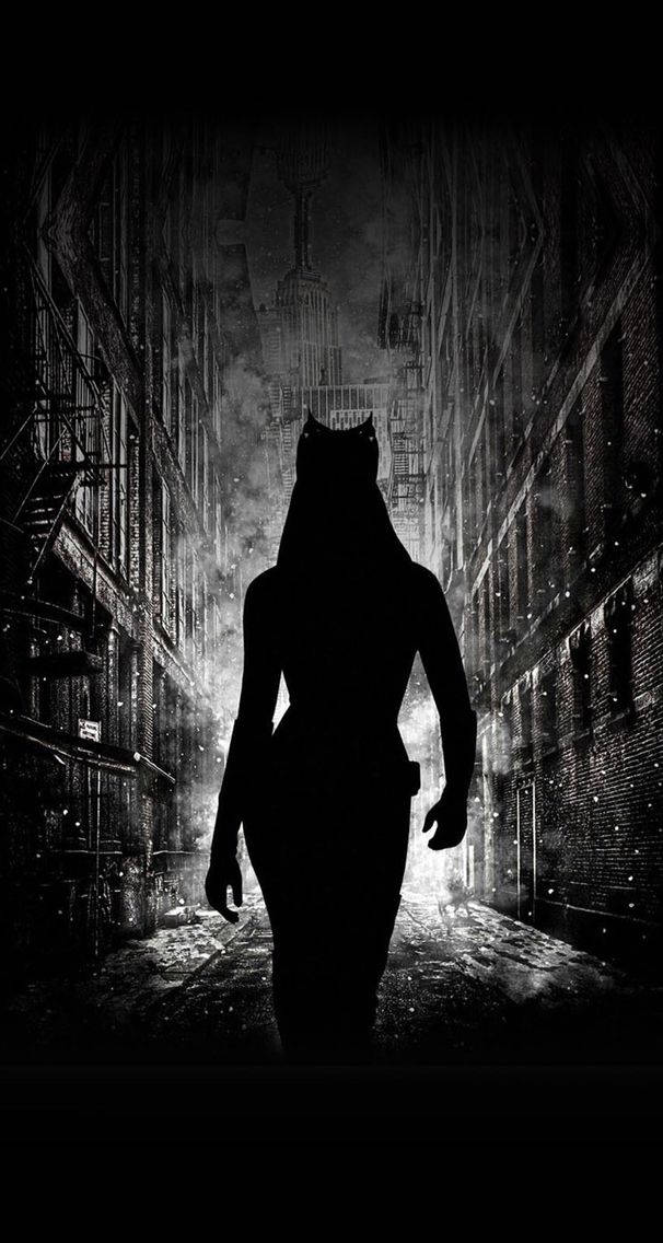 Catwoman 桌布 壁紙 — 貓女郎的剪影沿著濕滑的都市小巷走向遠處發光的城市景觀。