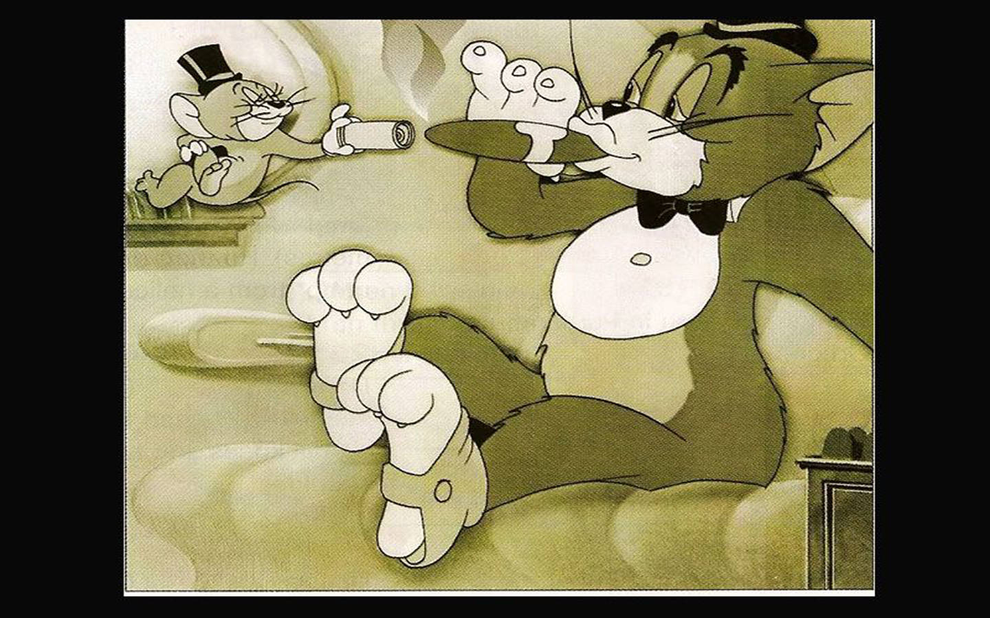 tom and jerry iPhone 桌布 壁紙 — 貓湯姆以懷舊色調自滿地躺著，而老鼠傑瑞從壁架上瞄準一把小手槍。