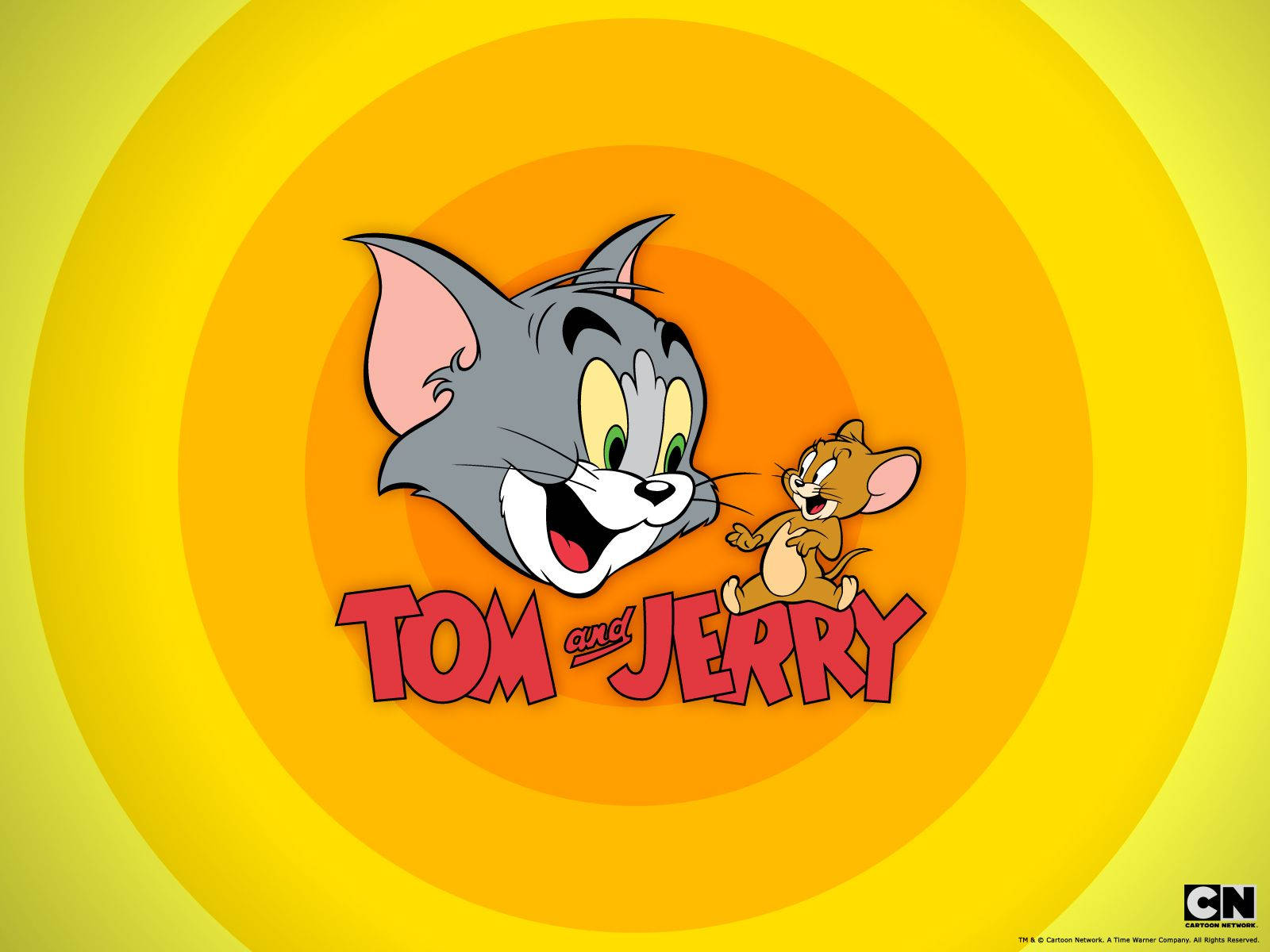 Tom And Jerry Cartoon 桌布 壁紙 — 貓湯姆和老鼠傑瑞在充滿活力的黃色和橙色螺旋背景前開心地咧嘴笑。