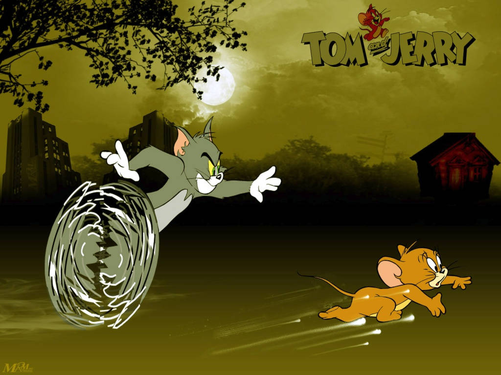 Tom 桌布 壁紙 — 貓湯姆在月光下的城市小巷中追逐老鼠傑瑞，伴隨著旋轉的動態效果。