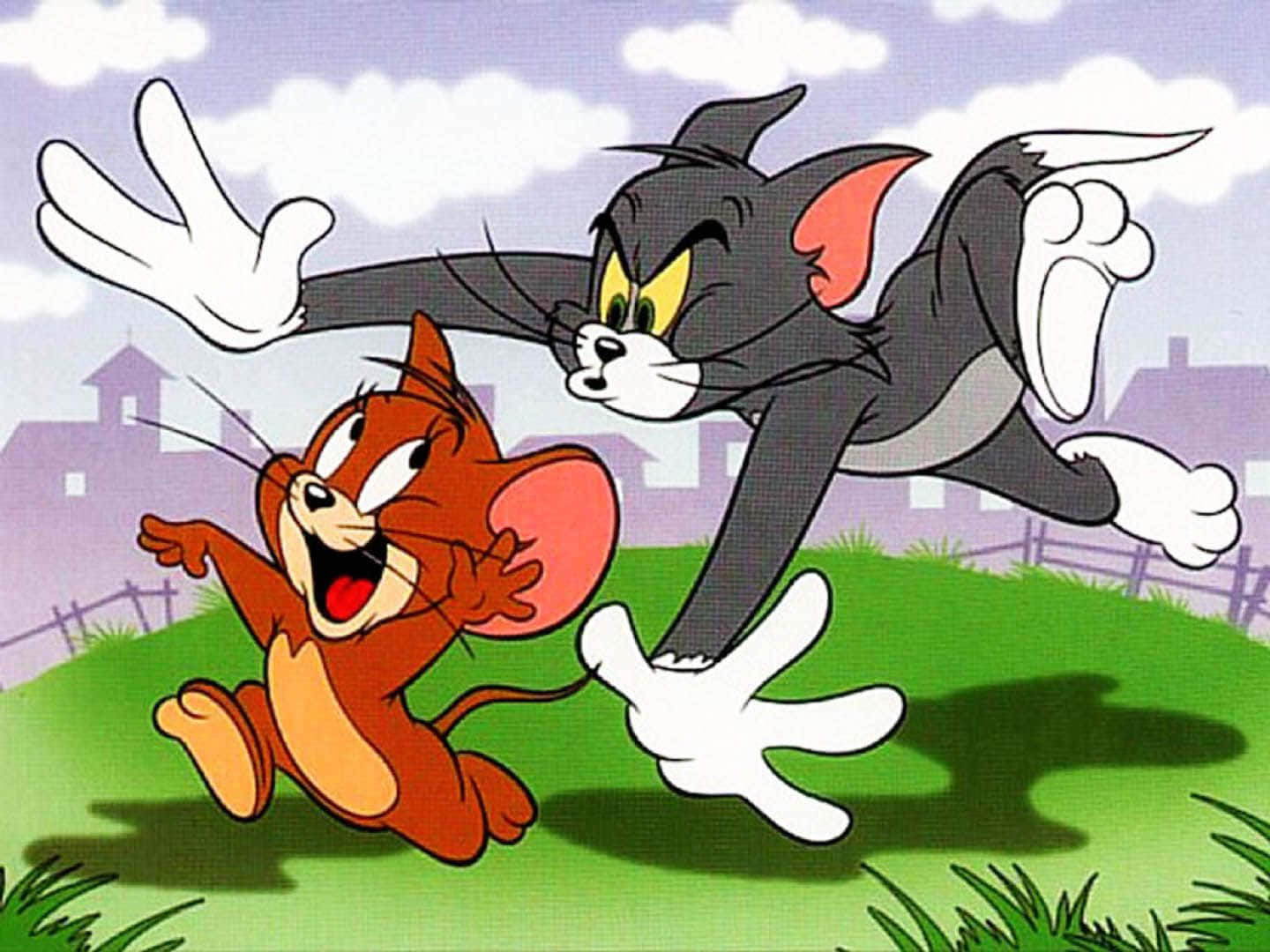 Tom And Jerry Funny 桌布 壁紙 — 貓湯姆在陰天下的草地上搞笑地撲向老鼠傑利。