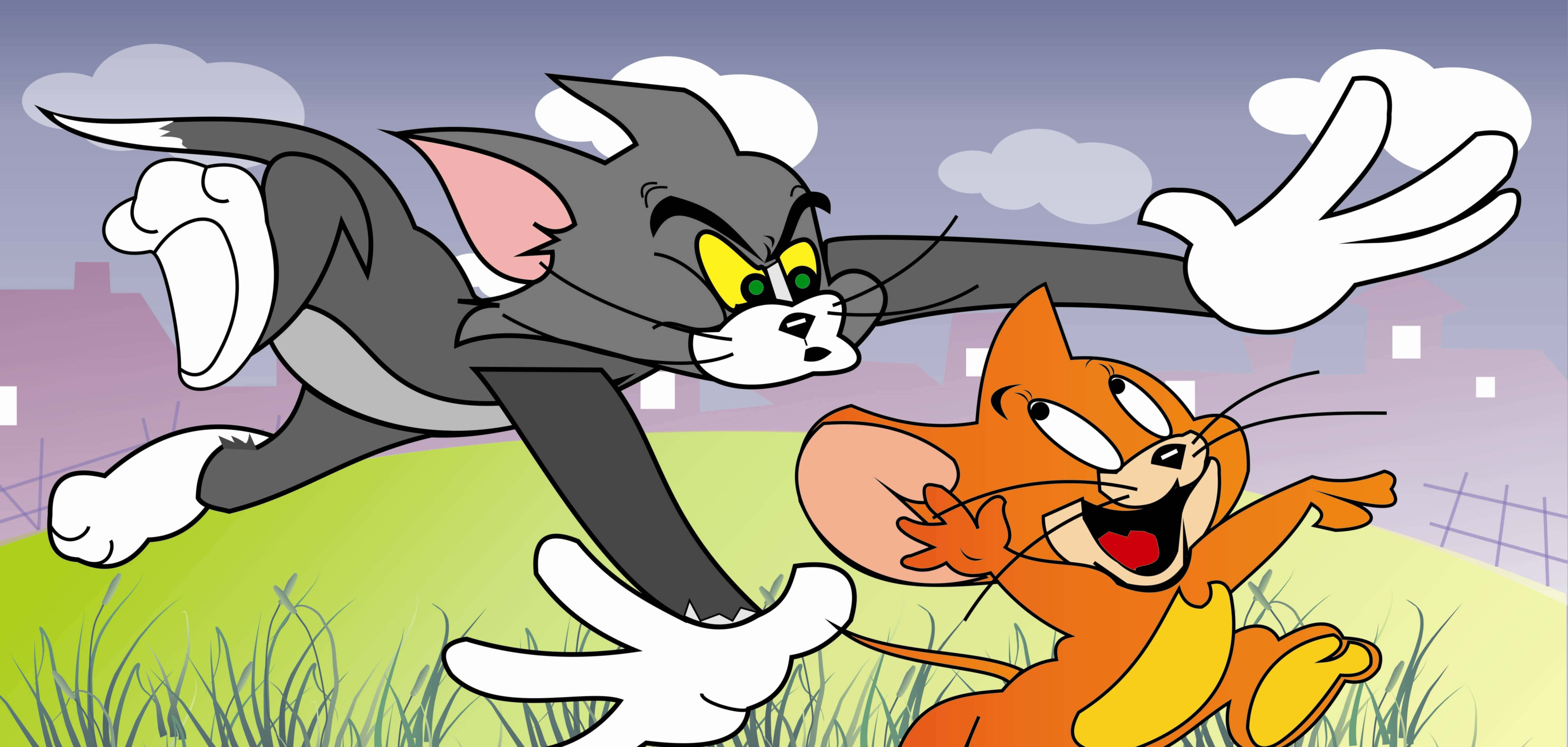 Tom And Jerry Funny 桌布 壁紙 — 貓湯姆在陰天追逐老鼠傑瑞穿過草地。