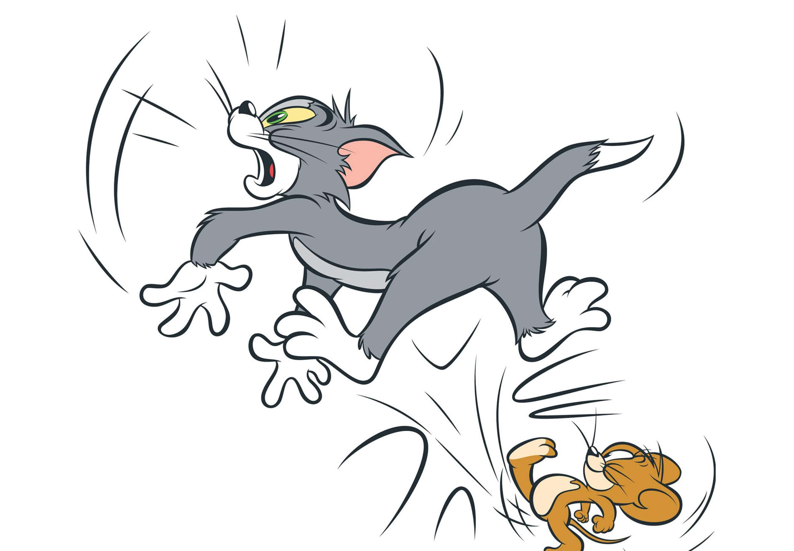 Tom And Jerry Funny 桌布 壁紙 — 貓湯姆猛烈撲向老鼠傑瑞，經典卡通追逐場景，帶有動作線條。