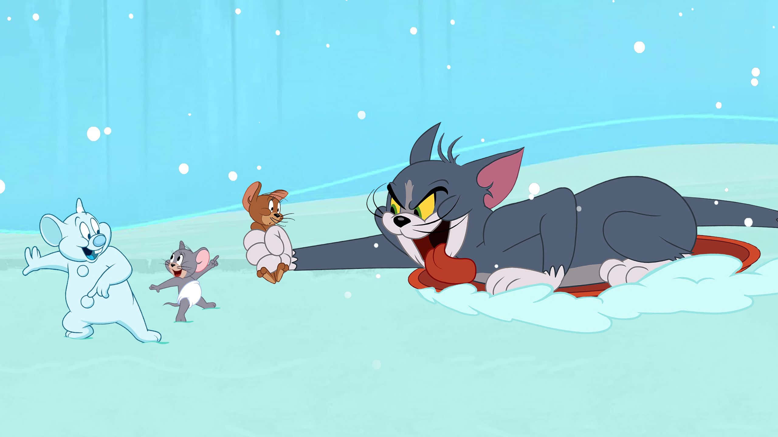 Tom And Jerry Funny 桌布 壁紙 — 貓湯姆被打敗躺在雪地裡，而傑瑞和朋友們在冬季場景中開心地圍著他慶祝。