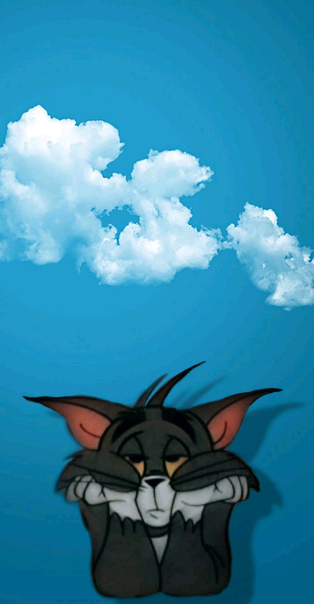 Clouds Aesthetics 桌布 壁紙 — 貓湯姆雙臂交叉，在明亮的藍天和蓬鬆的白雲下看起來疲倦且惱火。