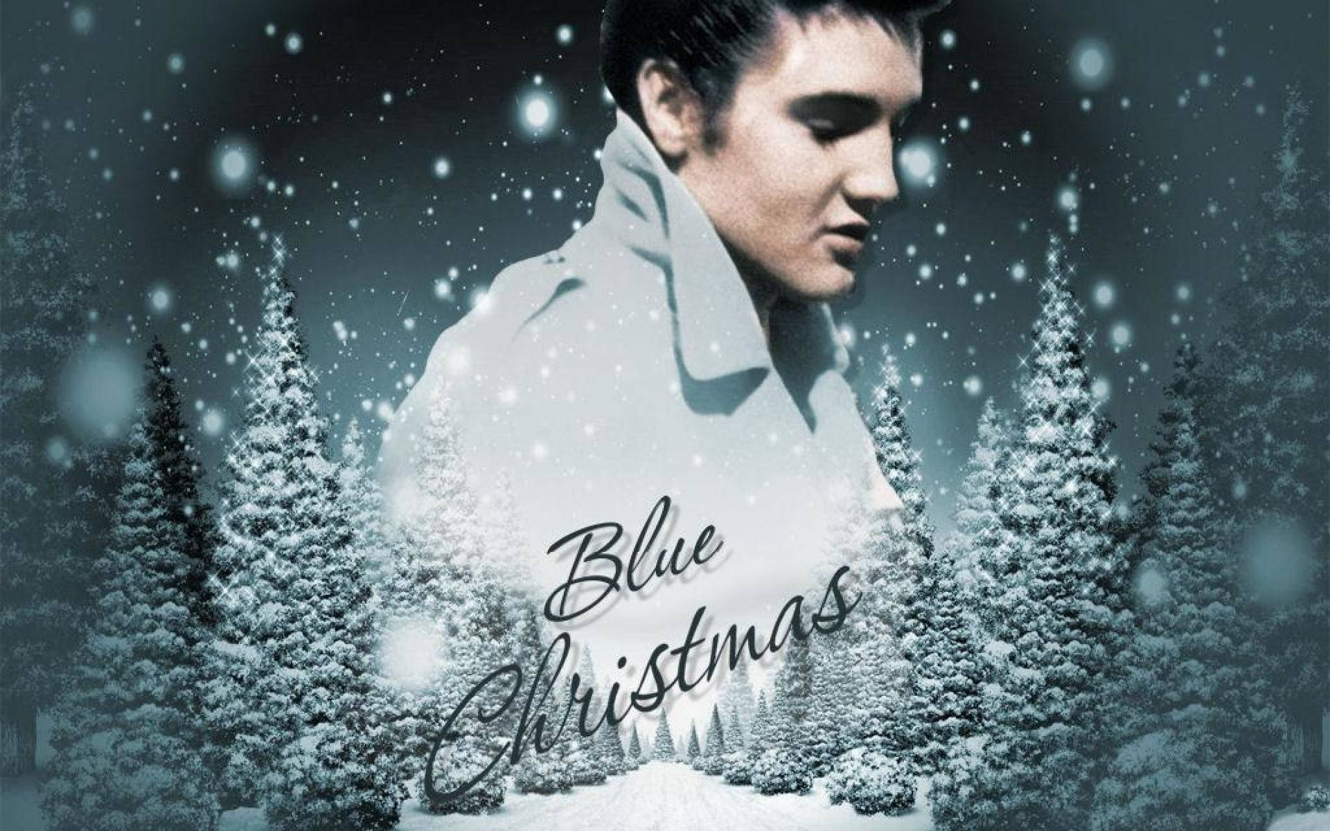 貓王艾維斯·普里斯萊在雪林中，帶有「Blue Christmas」字樣。 — 貓王 壁紙