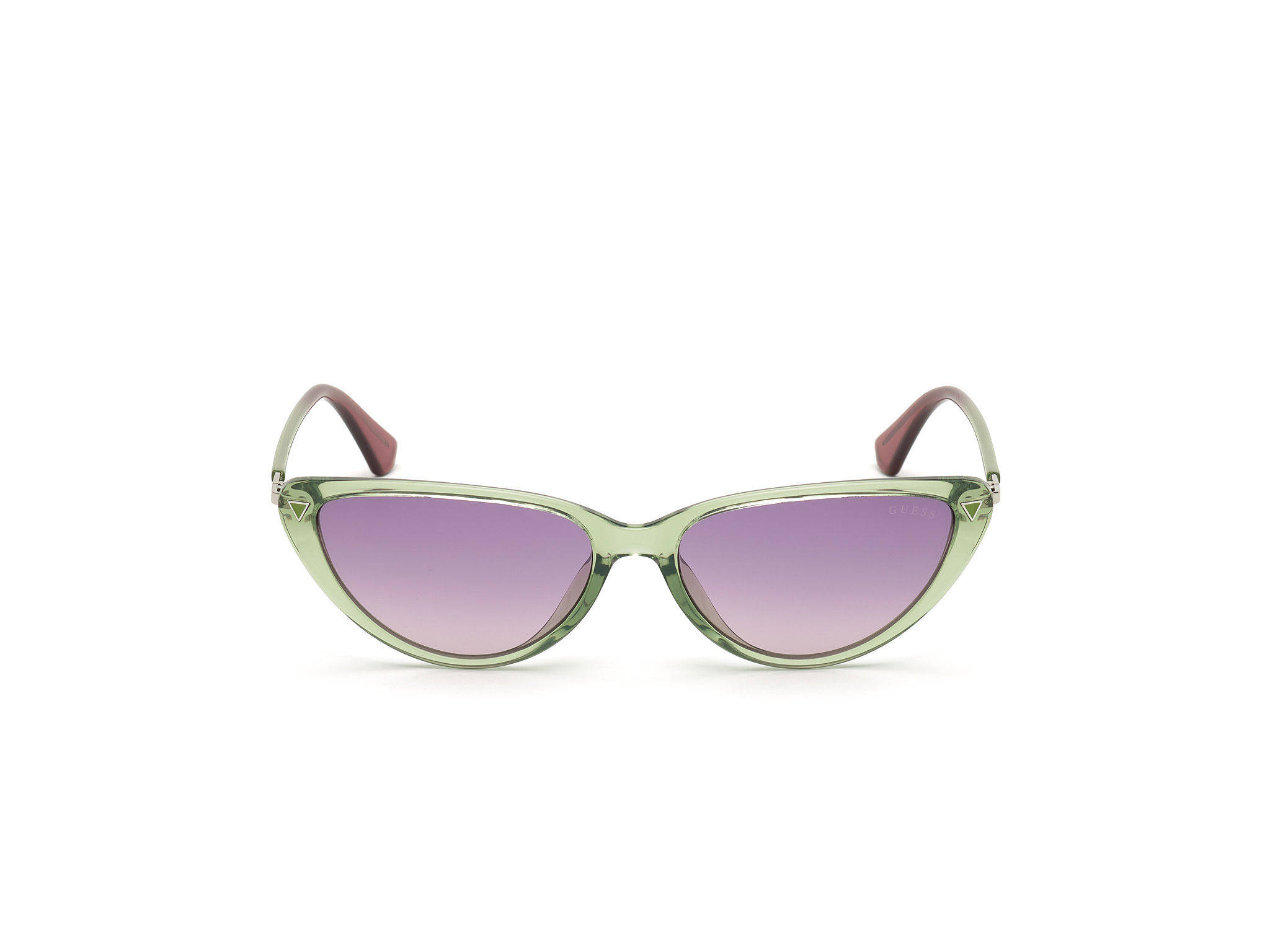 Sunglasses 桌布 壁紙 — 貓眼太陽眼鏡，半透明綠色鏡框搭配漸層紫色鏡片，以純白背景呈現。