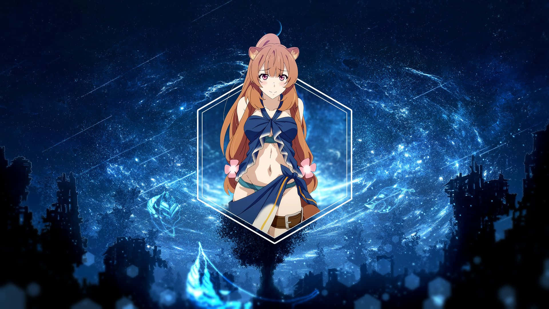 Shield Hero 桌布 壁紙 — 貓耳動漫女孩在六邊形框架中漂浮在夜間發光的藍色宇宙城市景觀之上。