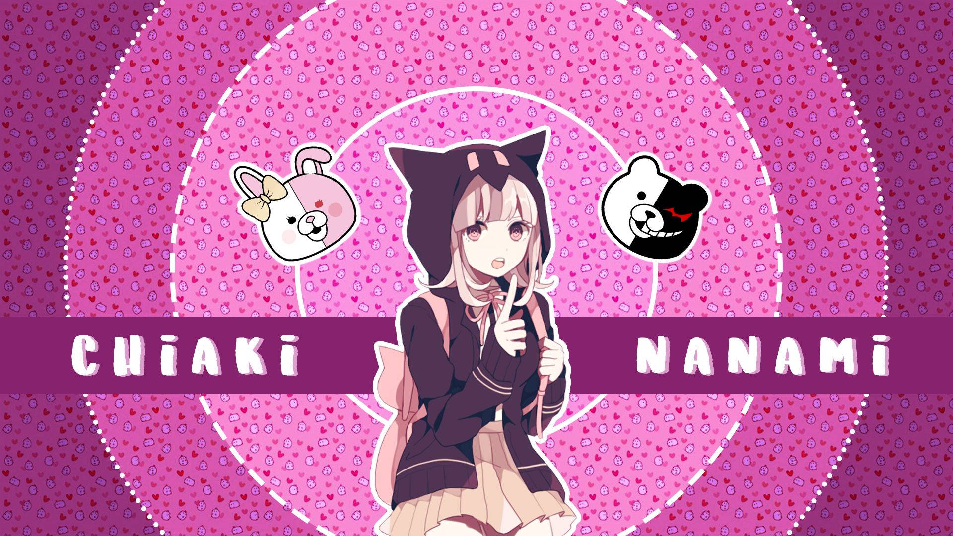 Chiaki 桌布 壁紙 — 貓耳動漫女孩站在舞台中央，背景為粉紅色心形圖案，兩側有兩個吉祥物頭像。