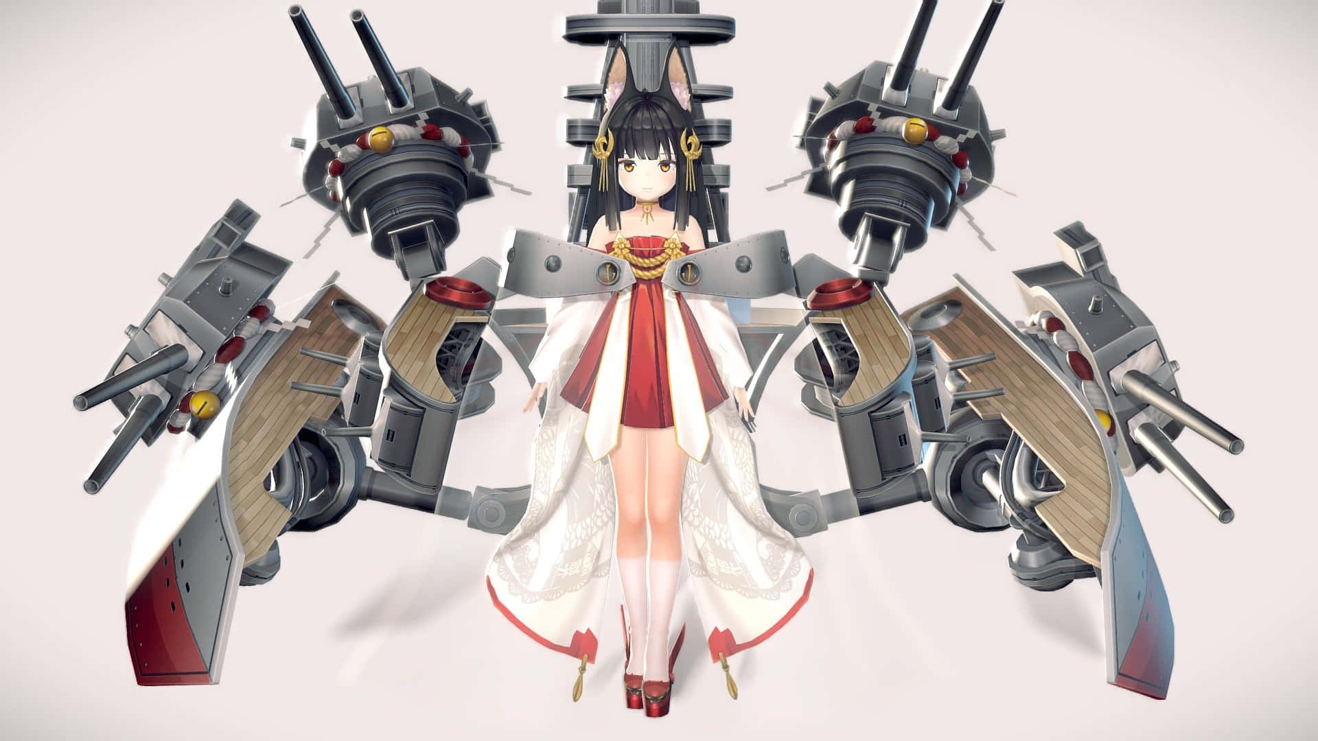動漫女孩 桌布 壁紙 — 貓耳動漫少女身穿紅白和服，優雅地站在巨大的艦炮塔之間。