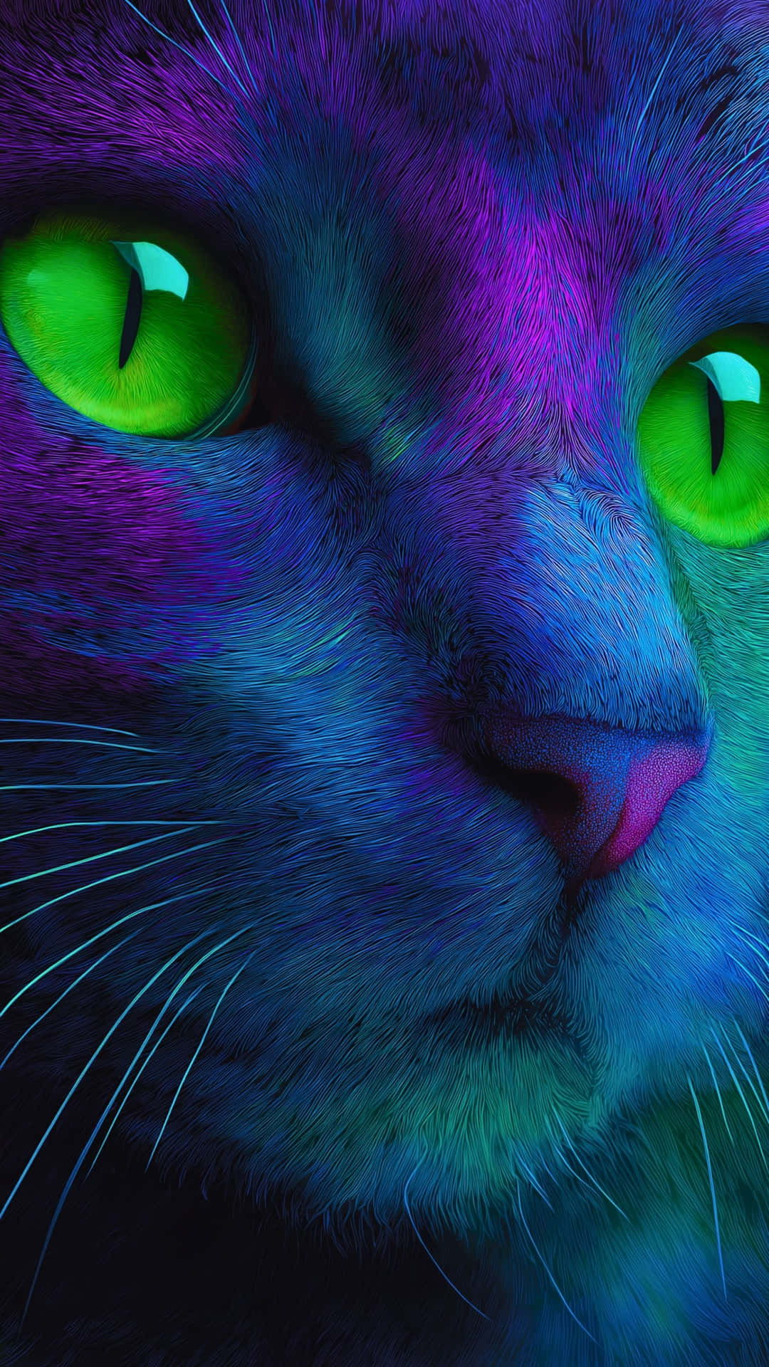 A mesmerizing close-up of a neon cat with glowing green eyes and vibrant fur 壁紙 — 貓臉的特寫，在充滿活力的數位燈光下散發出霓虹紫、藍和綠色的色調。