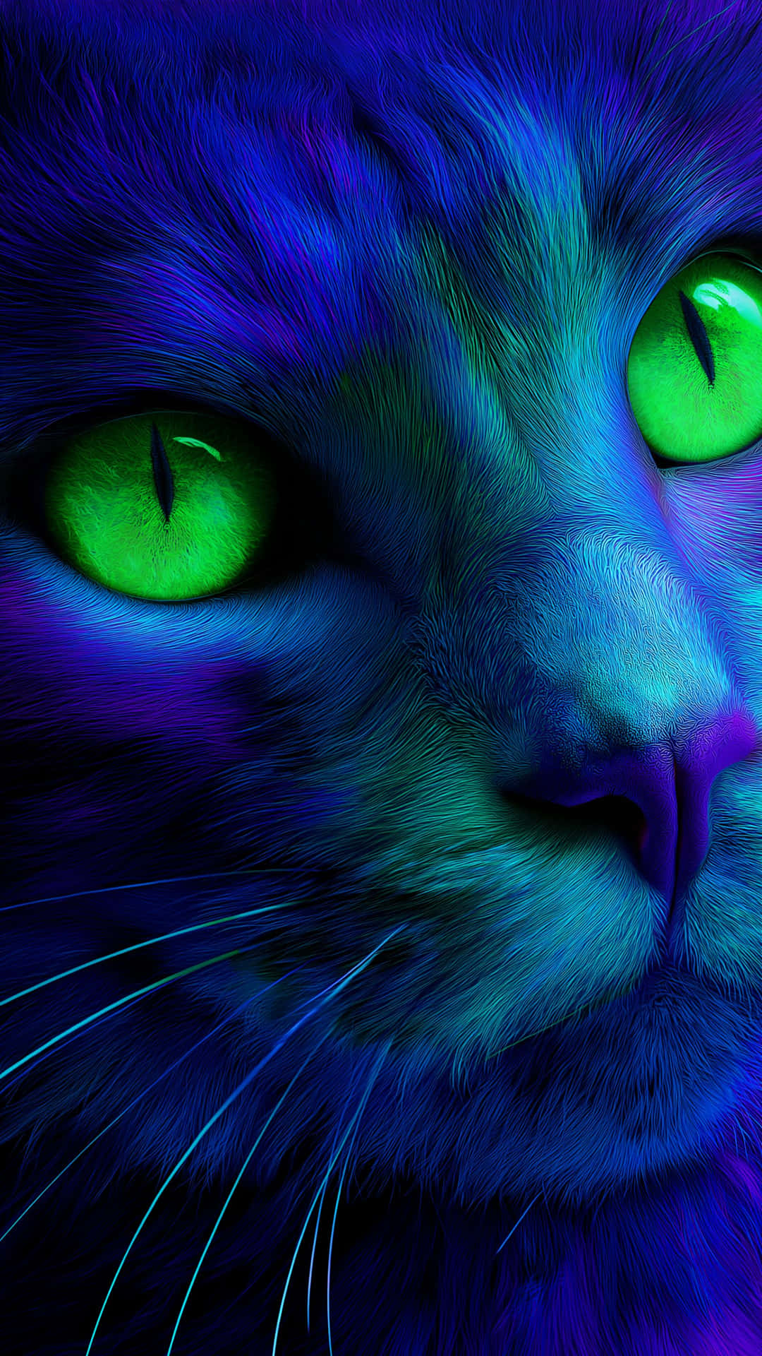 Mystical cat with vivid neon fur and piercing emerald eyes staring intensely 壁紙 — 貓臉的特寫，散發著電光藍和紫色的毛髮，以及強烈的霓虹綠眼睛。