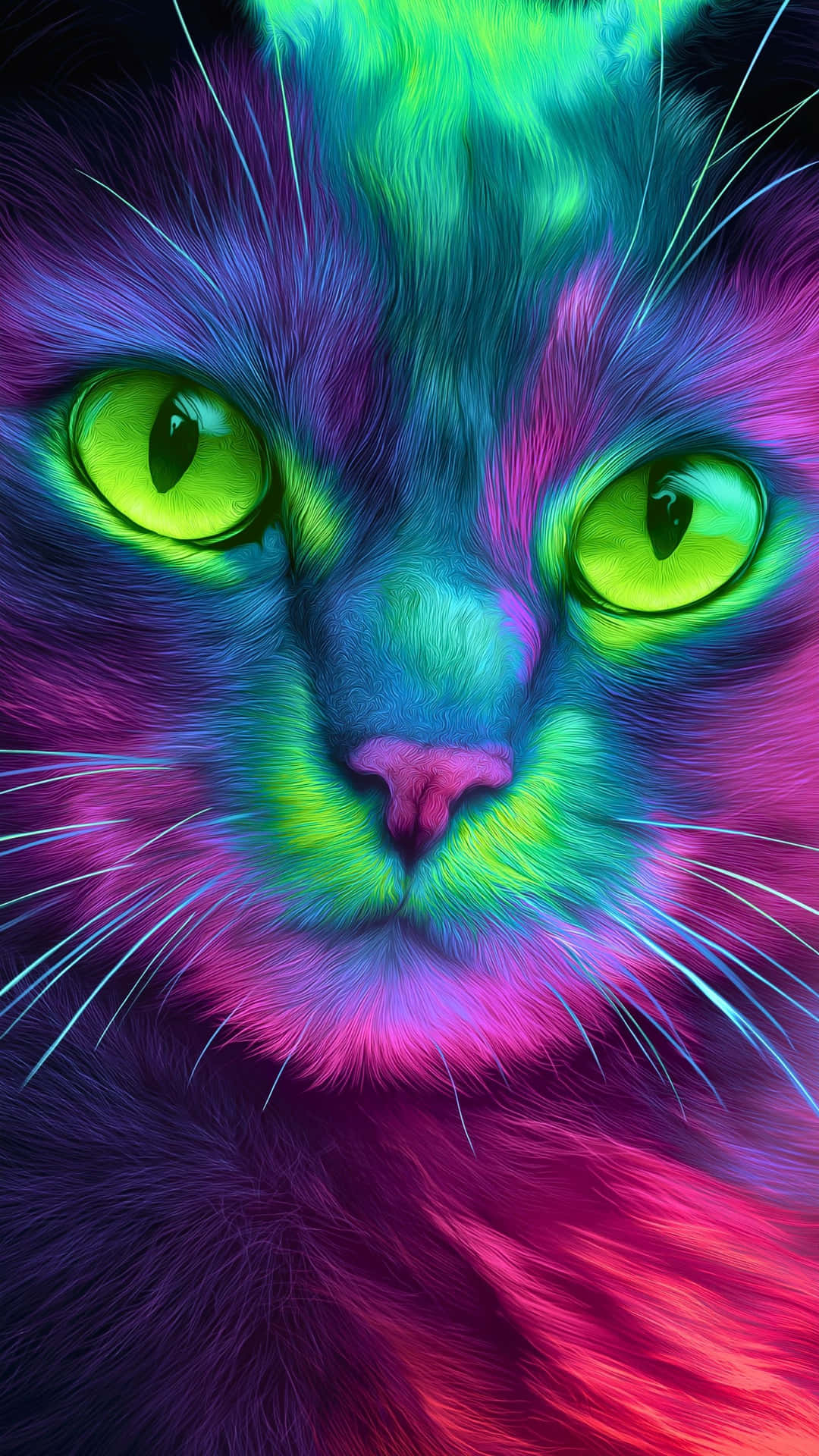 A mesmerizing close-up of a vibrant neon cat with glowing green eyes and psychedelic fur patterns 壁紙 — 貓臉的特寫，散發著霓虹綠色的眼睛，毛皮塗上電光紫、粉紅和藍色調。