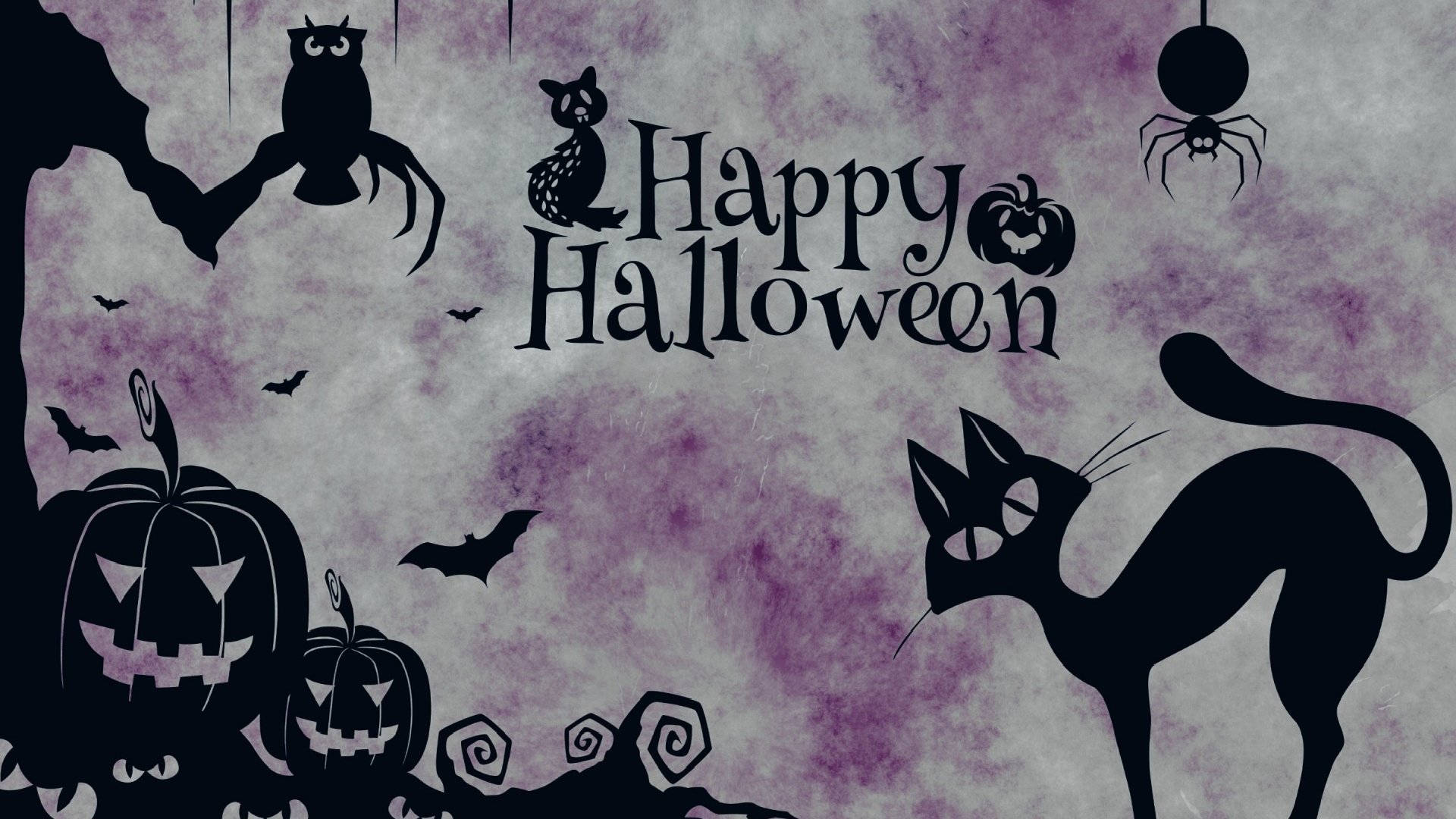 Vintage Halloween 桌布 壁紙 — 貓頭鷹、蝙蝠、貓和南瓜的黑色剪影漂浮在帶紋理的紫色和灰色萬聖節背景上。