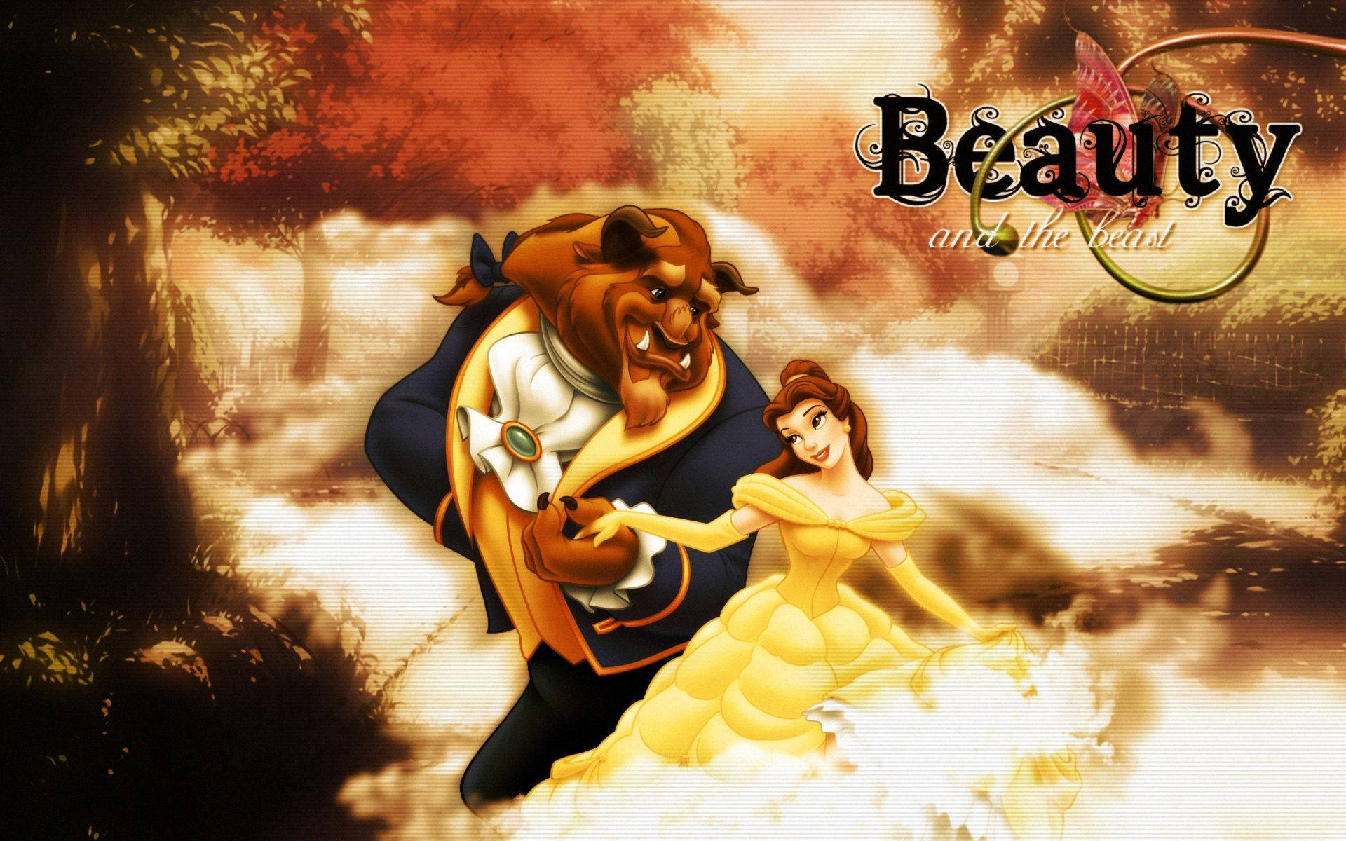 beast 桌布 壁紙 — 貝兒與野獸在溫暖的金色森林中跳舞，秋葉在他們周圍旋轉。
