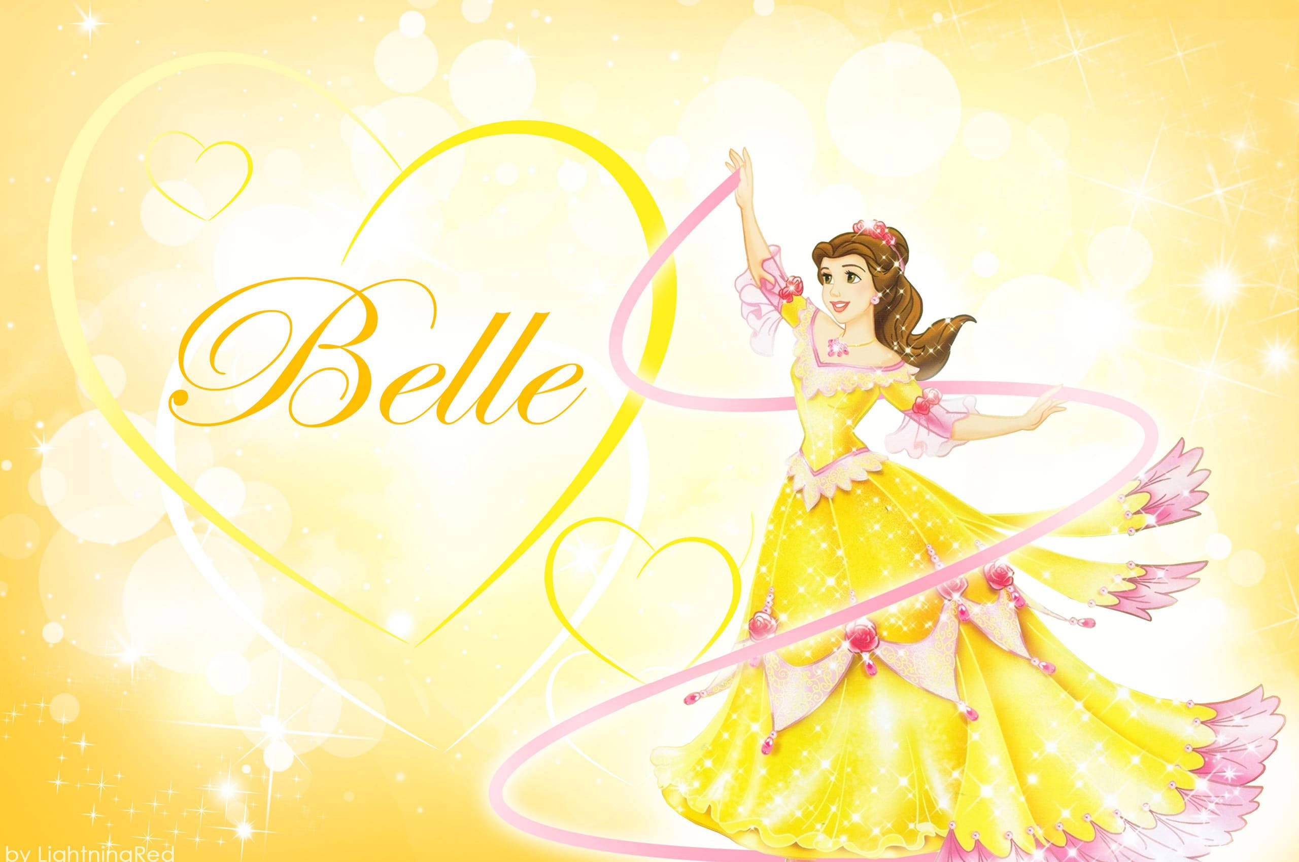 Belle 桌布 壁紙 — 貝兒身穿閃閃發光的黃色禮服，在金色光芒的背景中快樂地跳舞，周圍漂浮著愛心和閃爍的星光。