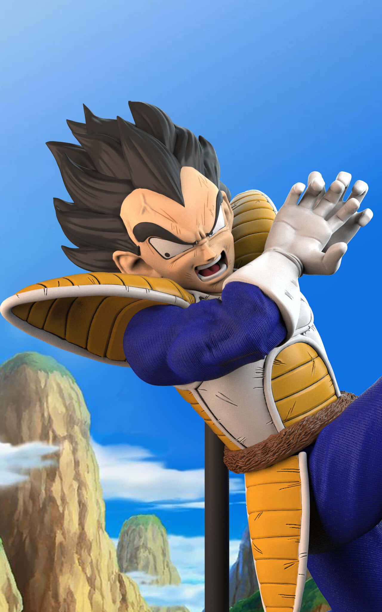 Vegeta Galick Gun 桌布 壁紙 — 貝吉塔以標誌性的戰鬥姿態，背景是明亮的藍天和岩石峭壁。
