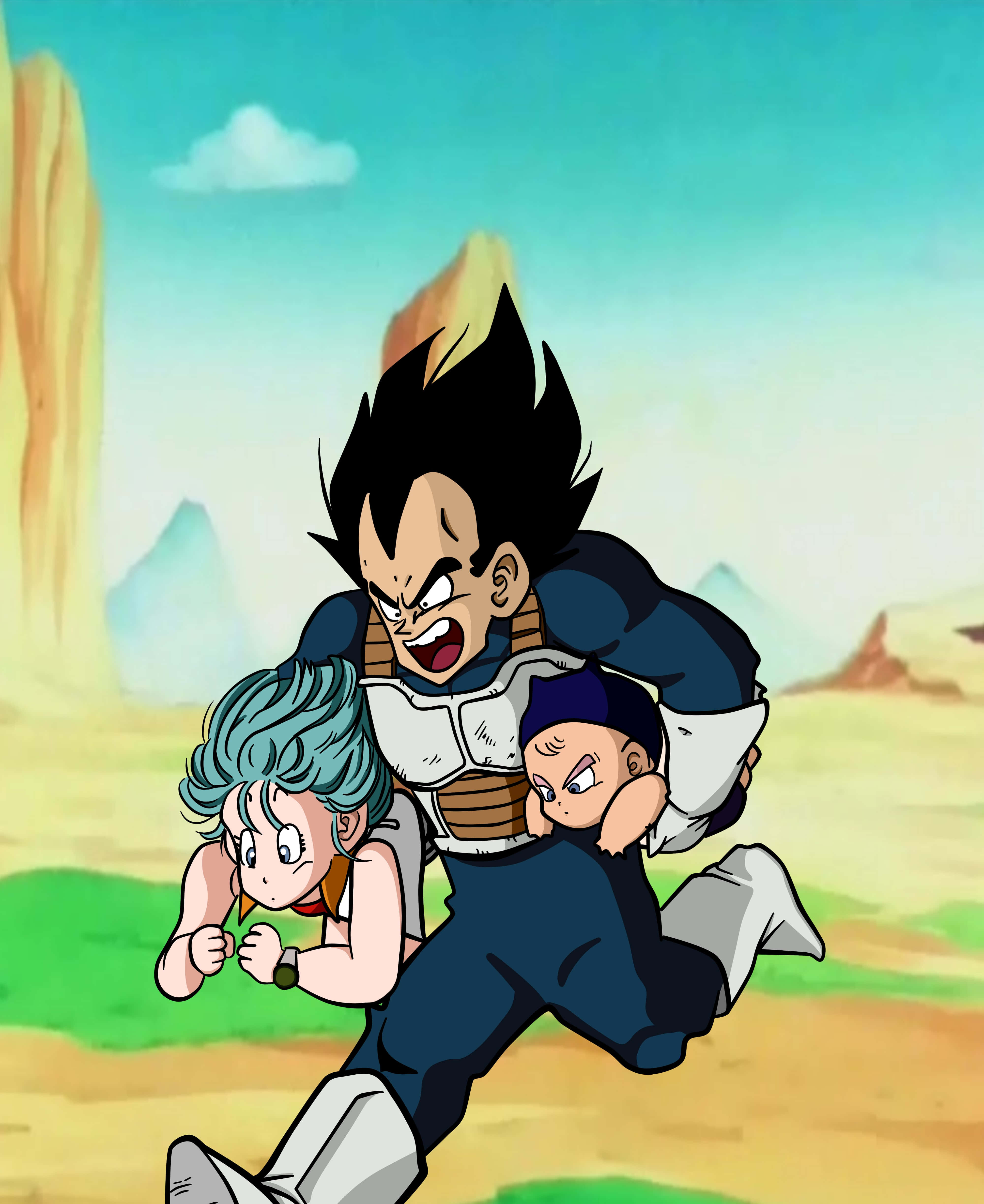Vegeta's Family 桌布 壁紙 — 貝吉塔在一個有岩石形成和晴朗天空的沙漠景觀中抱著布瑪和一個嬰兒。