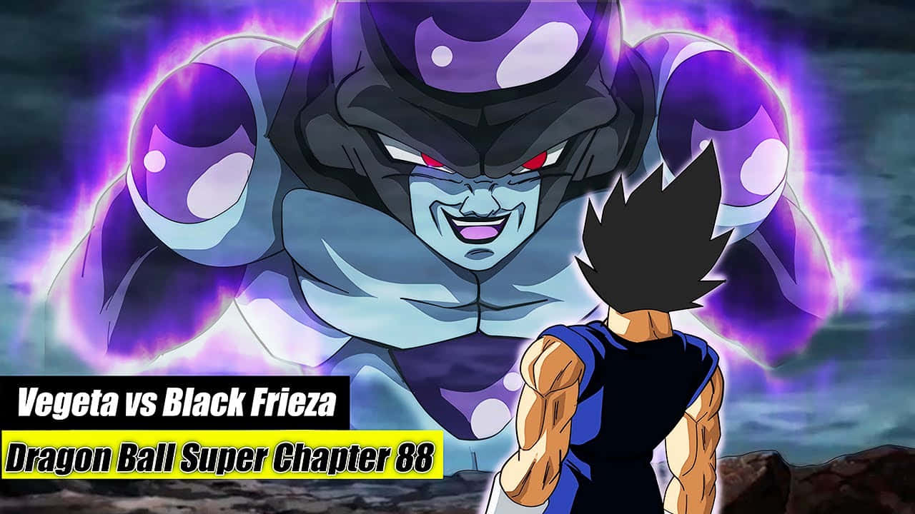 Vegeta And Frieza 桌布 壁紙 — 貝吉塔在戲劇性的動畫戰鬥場景中，面對高聳、帶有紫色氣場的黑色弗利沙。