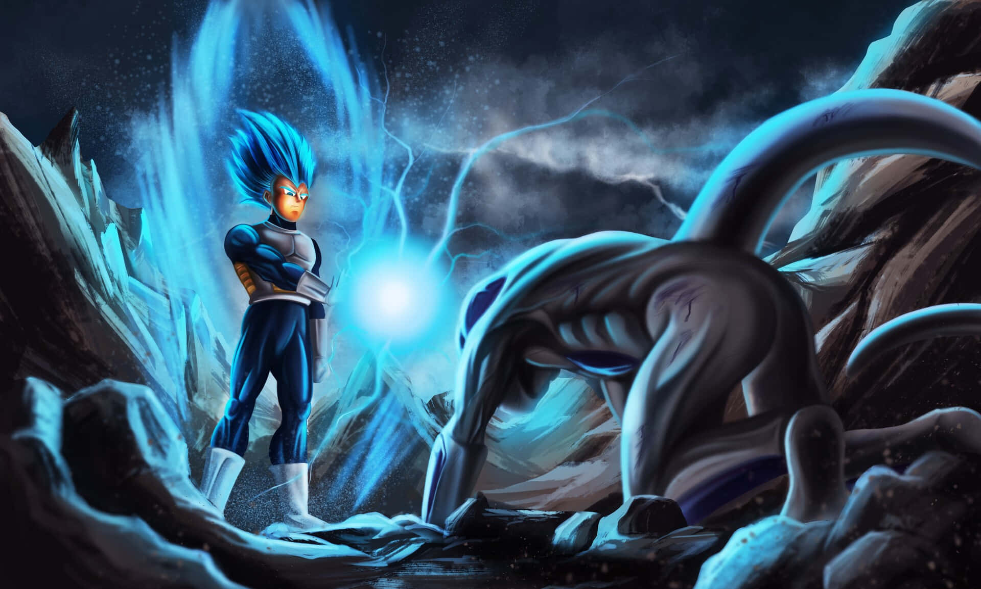 Vegeta And Frieza 桌布 壁紙 — 貝吉塔挑釁地站在岩石峽谷中，藍色能量在他周圍噼啪作響，面對一個巨大的陰影對手。
