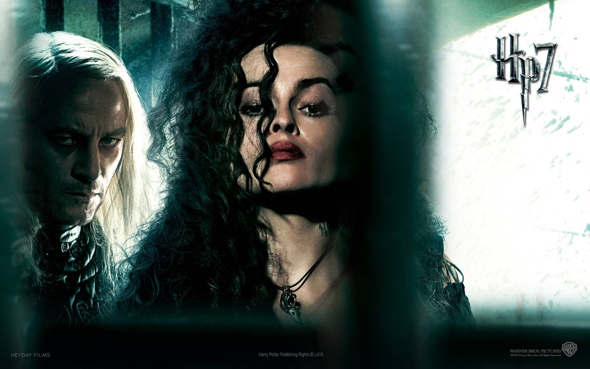 Bellatrix 桌布 壁紙 — 貝拉特里克斯·萊斯特蘭奇和賽佛勒斯·石內卜在昏暗、陰鬱的哈利波特場景中的戲劇性特寫。