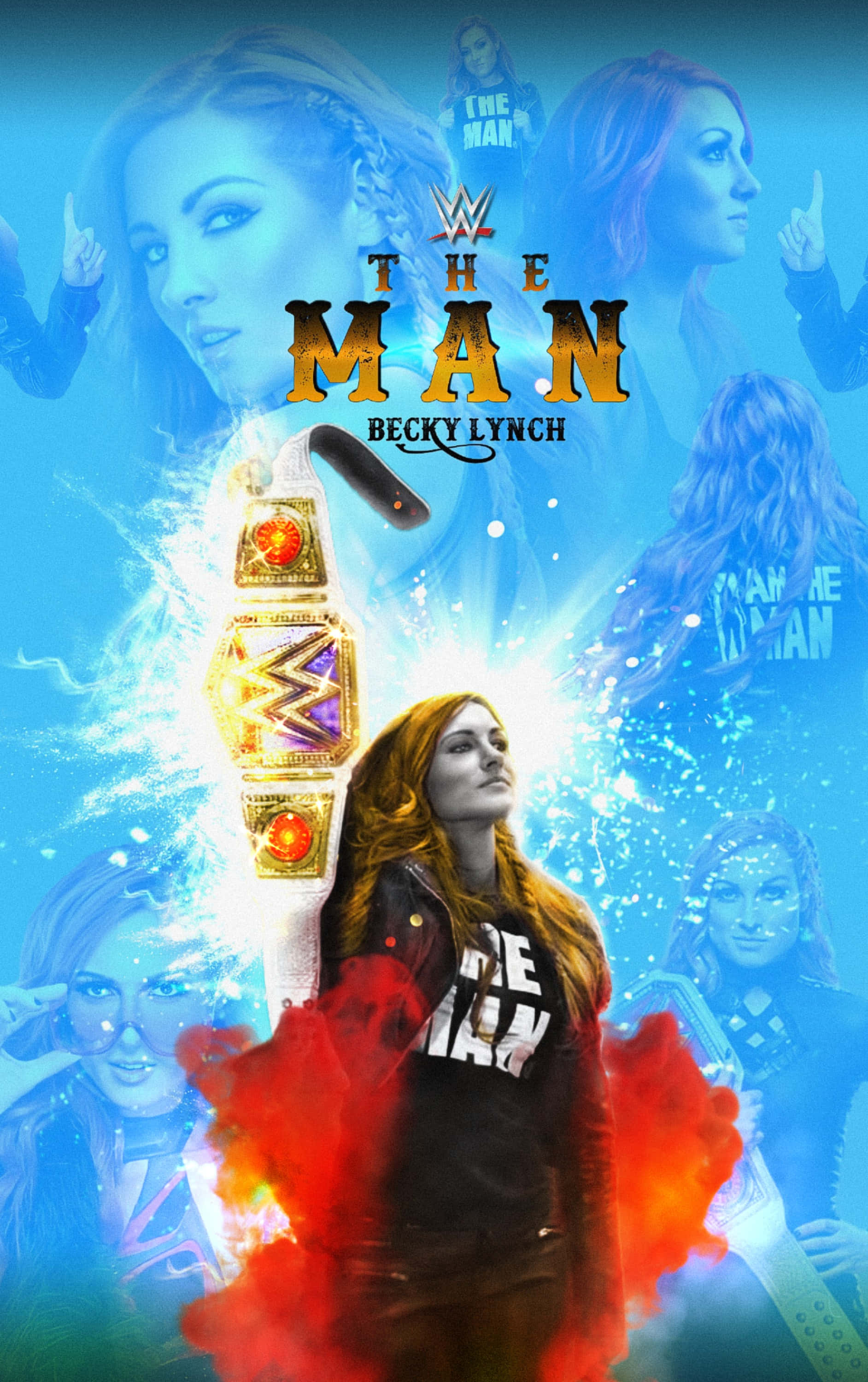 WWE 桌布 壁紙 — 貝琪·林奇自信地穿著黑色外套，紅色煙霧在她周圍旋轉，手持WWE冠軍腰帶，背景為藍色，她的臉以幽靈般的重疊影像重複出現。