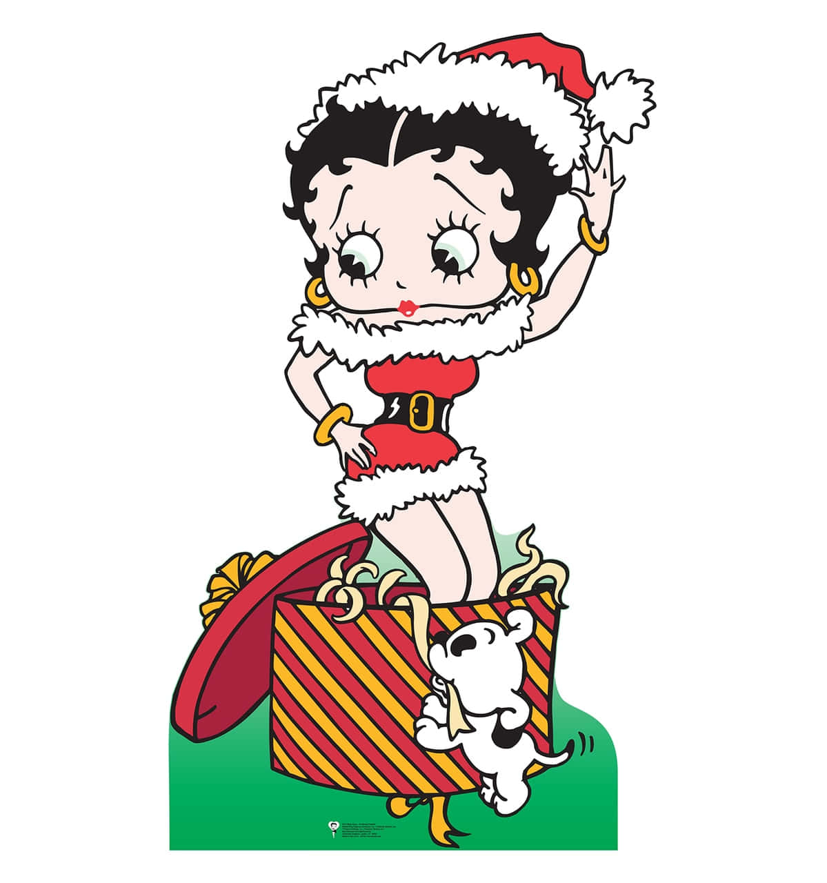Betty Boop Christmas 桌布 壁紙 — 貝蒂娃娃穿著紅色聖誕老人服裝，在條紋禮物盒頂上揮手，旁邊有一隻頑皮的白狗。