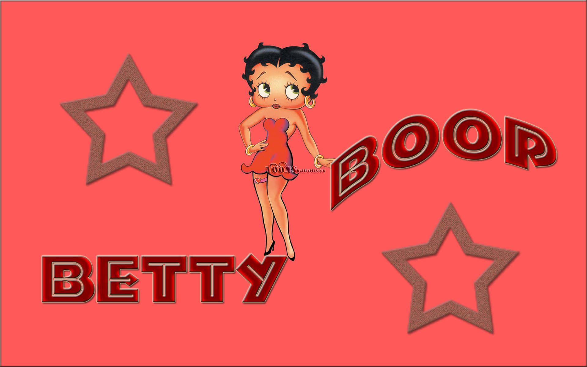 Betty Boop Christmas 桌布 壁紙 — 貝蒂娃娃穿著紅色連衣裙，在珊瑚色背景前擺姿勢，背景有星星和她的名字以粗體3D字母呈現。
