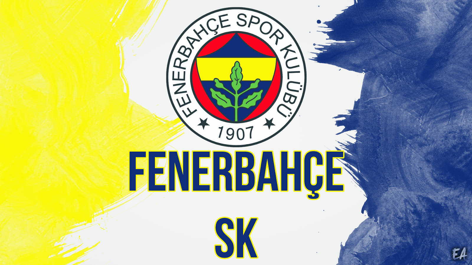 Fenerbahce 桌布 壁紙 — 費倫巴治SK標誌居中於大膽的黃色和藍色筆觸背景上，下方有球隊名稱。