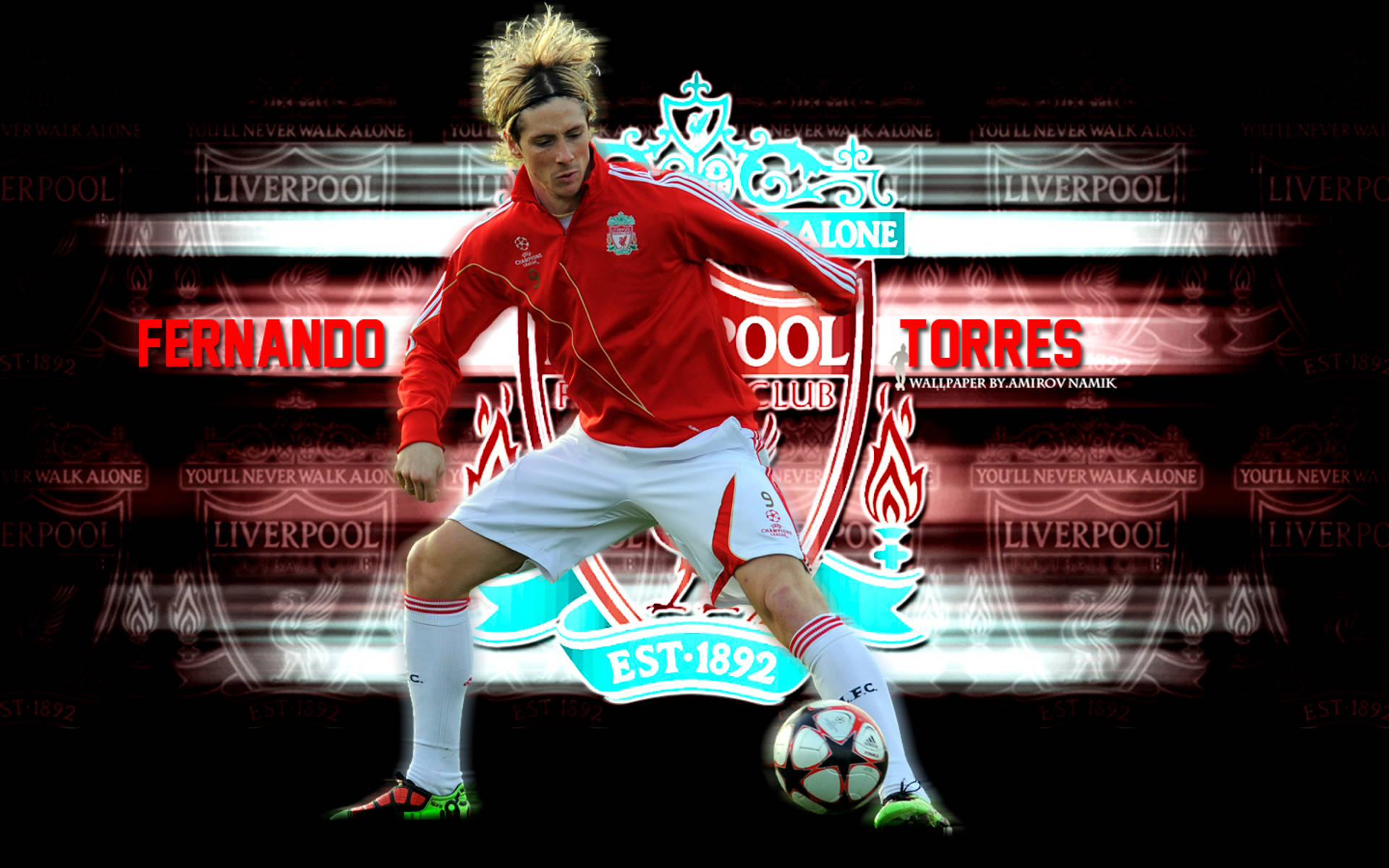 Torres 桌布 壁紙 — 費南多·托雷斯身穿利物浦FC球衣，在發光的會徽背景前運球，帶有霓虹紅和藍色燈光效果。