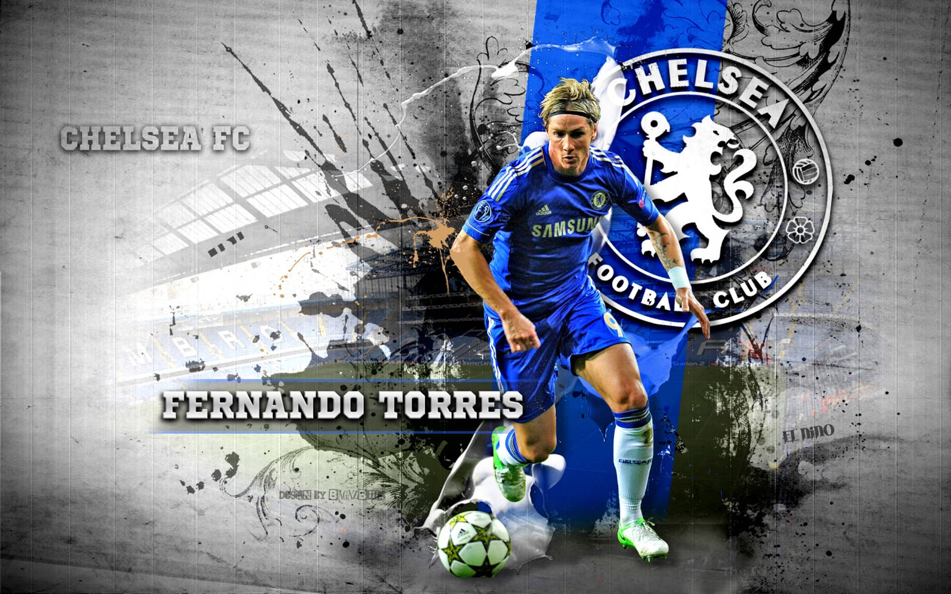 Torres 桌布 壁紙 — 費南多·托雷斯身穿藍色切爾西球衣，在帶有俱樂部標誌的粗糙紋理背景上盤球。