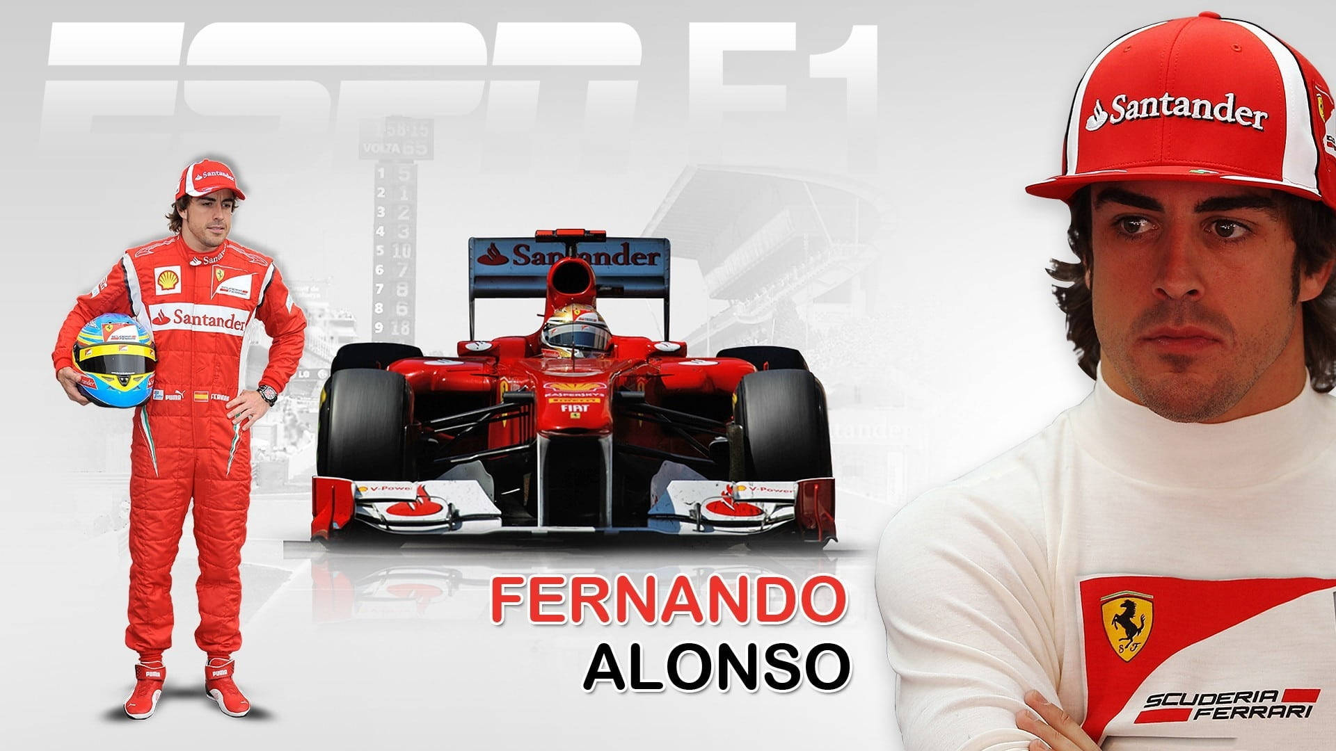 Fernando Alonso 桌布 壁紙 — 費南多·阿隆索身穿紅色法拉利賽車裝備，站在他的紅色一級方程式賽車旁，賽車上有贊助商標誌，背景是模糊的賽道。