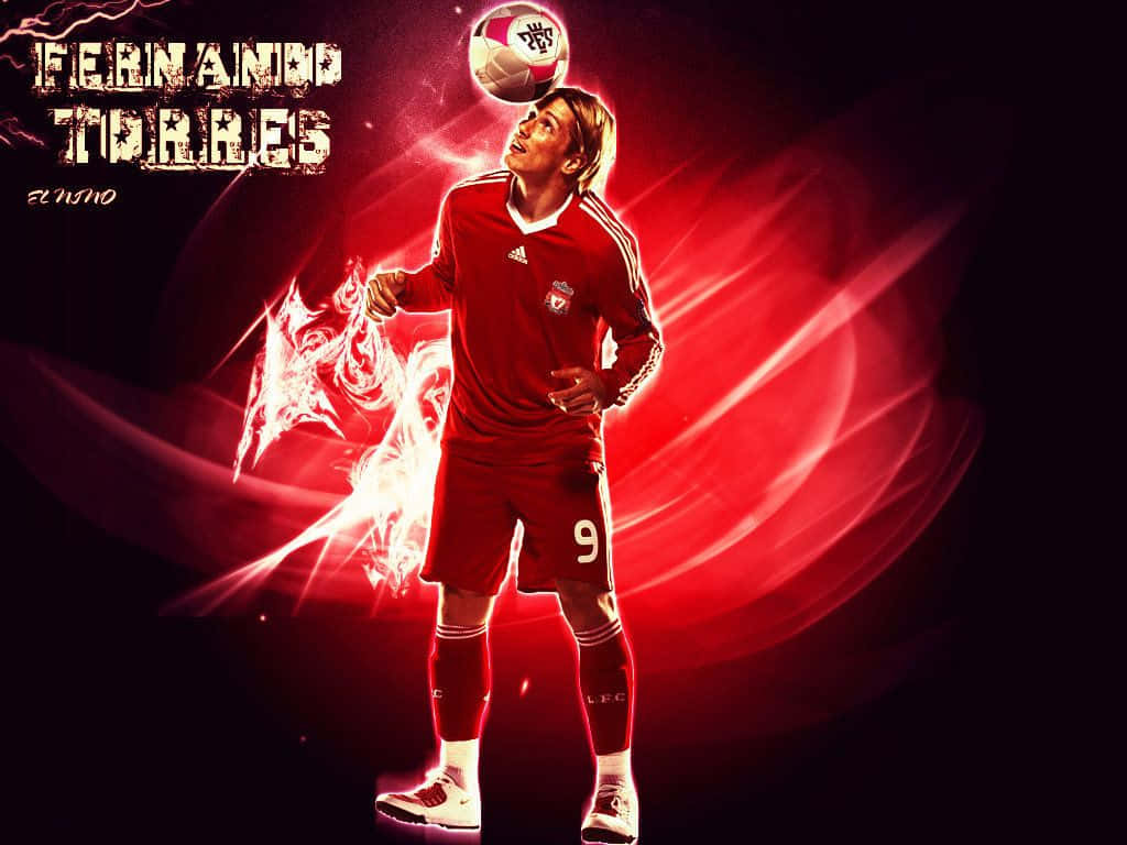 Liverpool Fc Desktop 桌布 壁紙 — 費南多托雷斯身穿紅色利物浦球衣，在火紅抽象背景前用頭頂平衡足球。