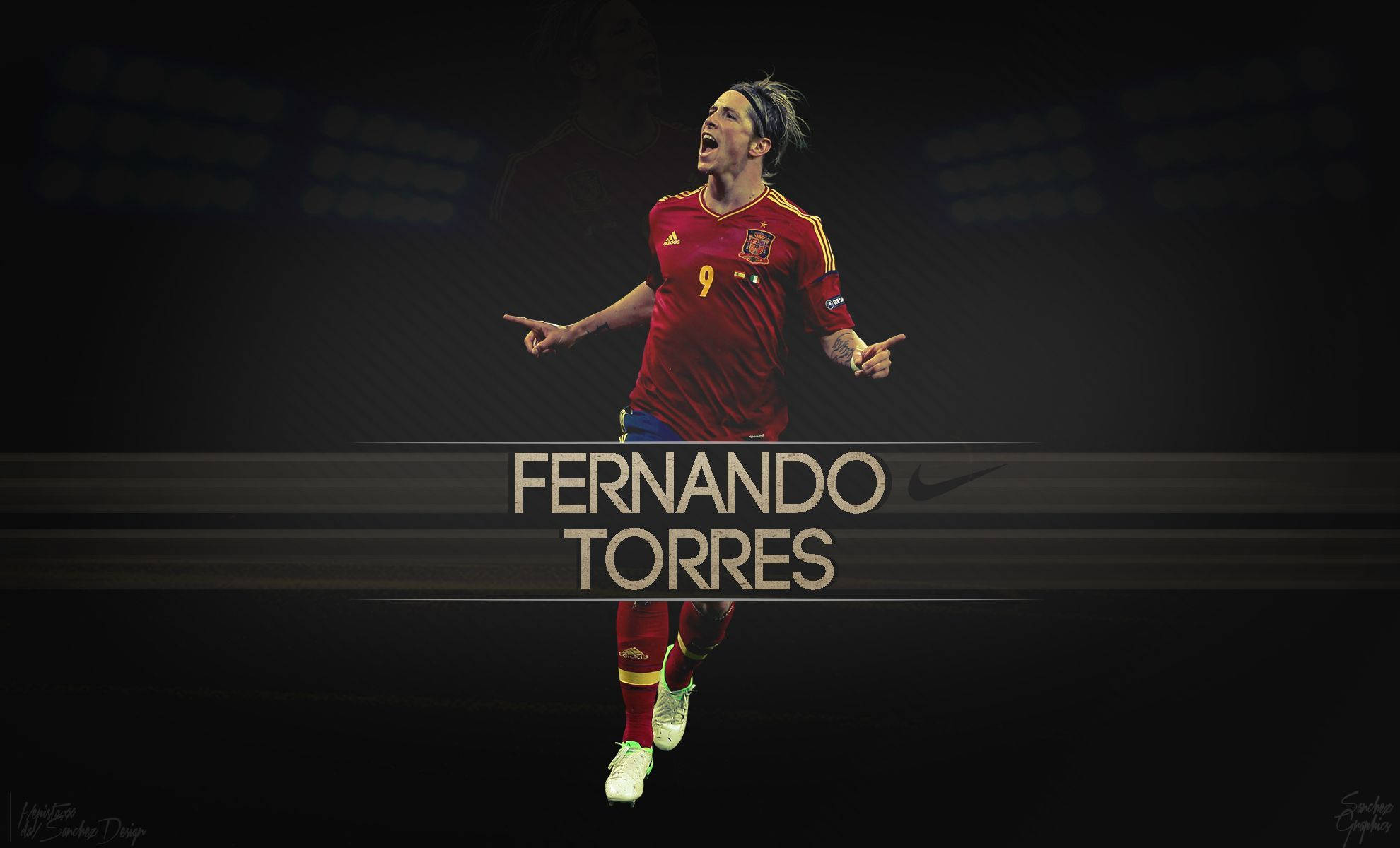 Torres 桌布 壁紙 — 費南多托雷斯身穿紅色西班牙9號球衣，在黑暗的球場背景下張開雙臂勝利慶祝。