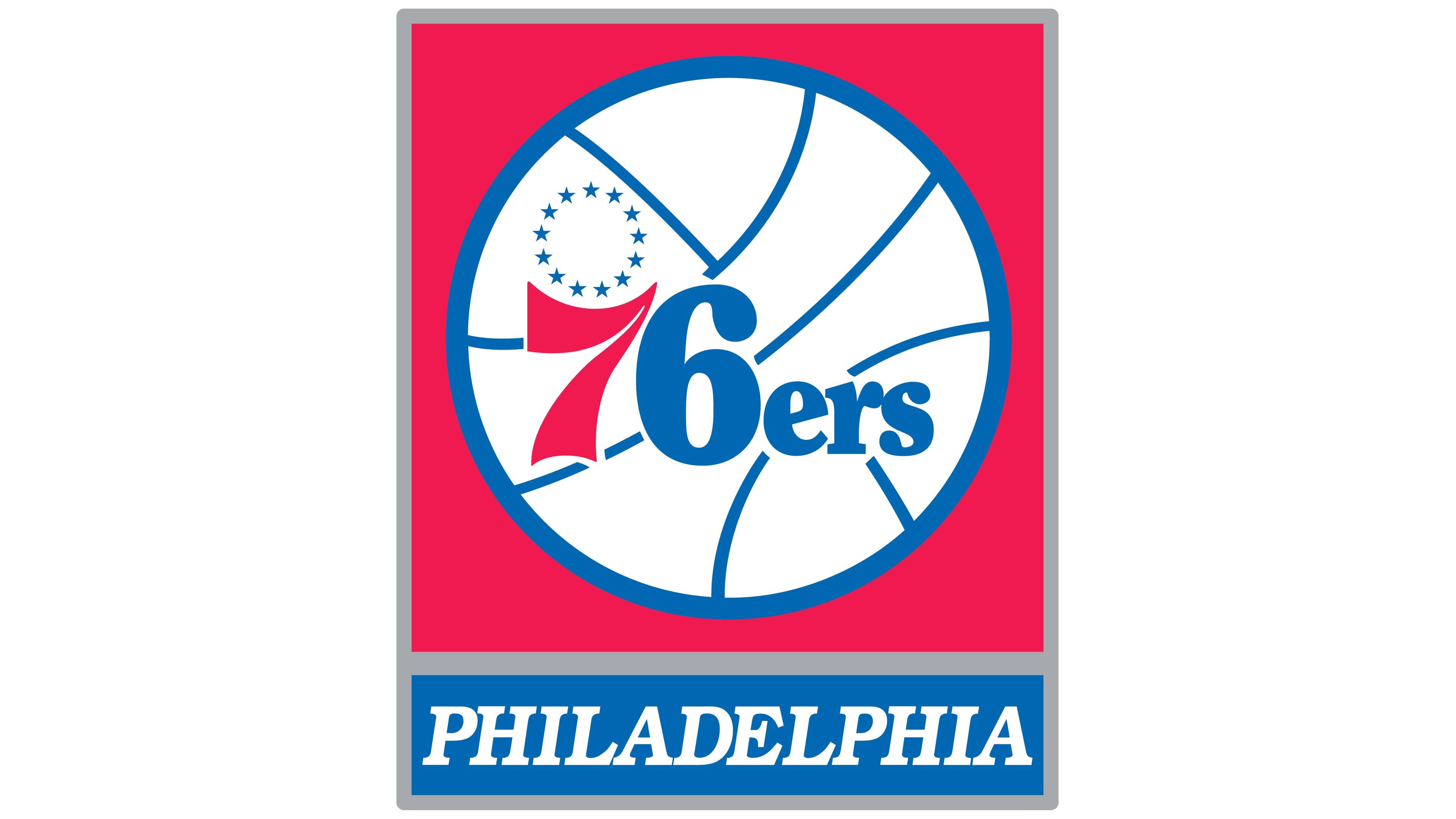 76ers 桌布 壁紙 — 費城76人籃球標誌，紅藍白三色，紅色背景。