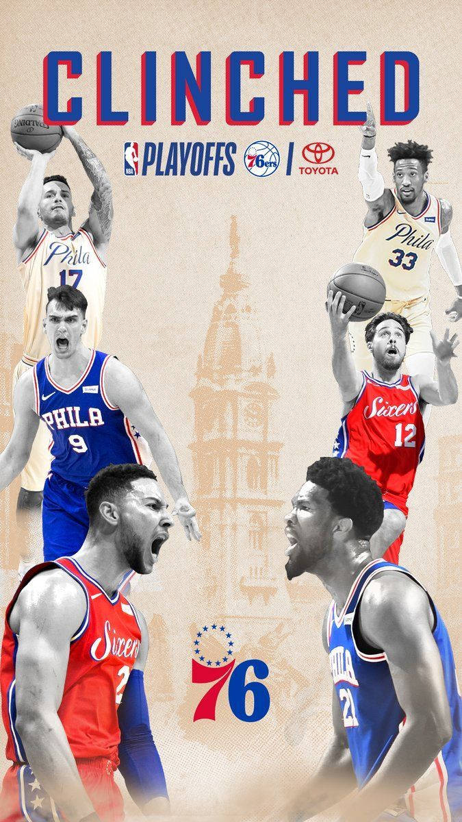 NBA 桌布 壁紙 — 費城76人籃球運動員以動態姿勢慶祝晉級季後賽，背景為城市天際線。