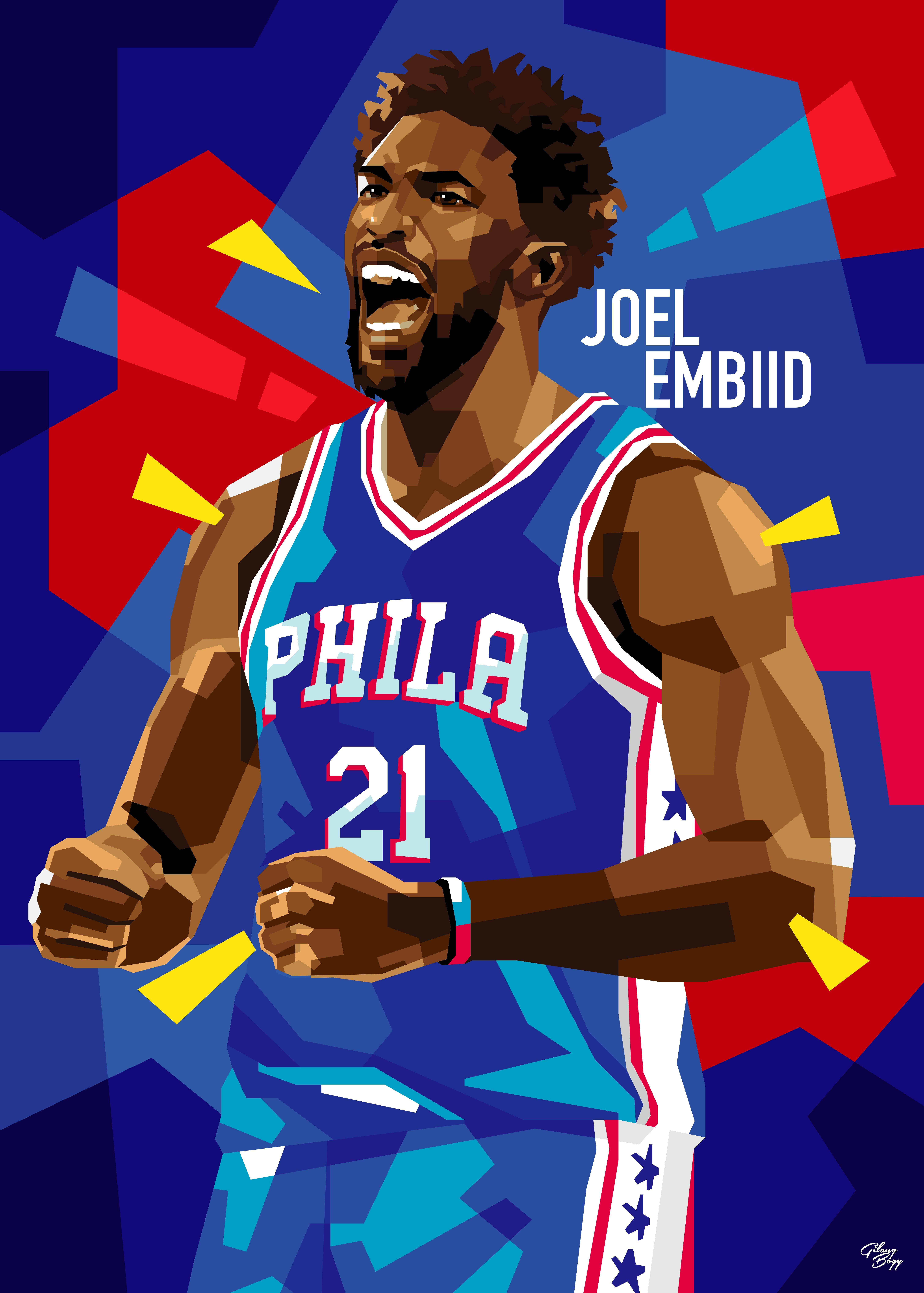 Embiid 桌布 壁紙 — 費城76人隊球衣的籃球運動員Joel Embiid的鮮豔風格插圖，帶有幾何背景。